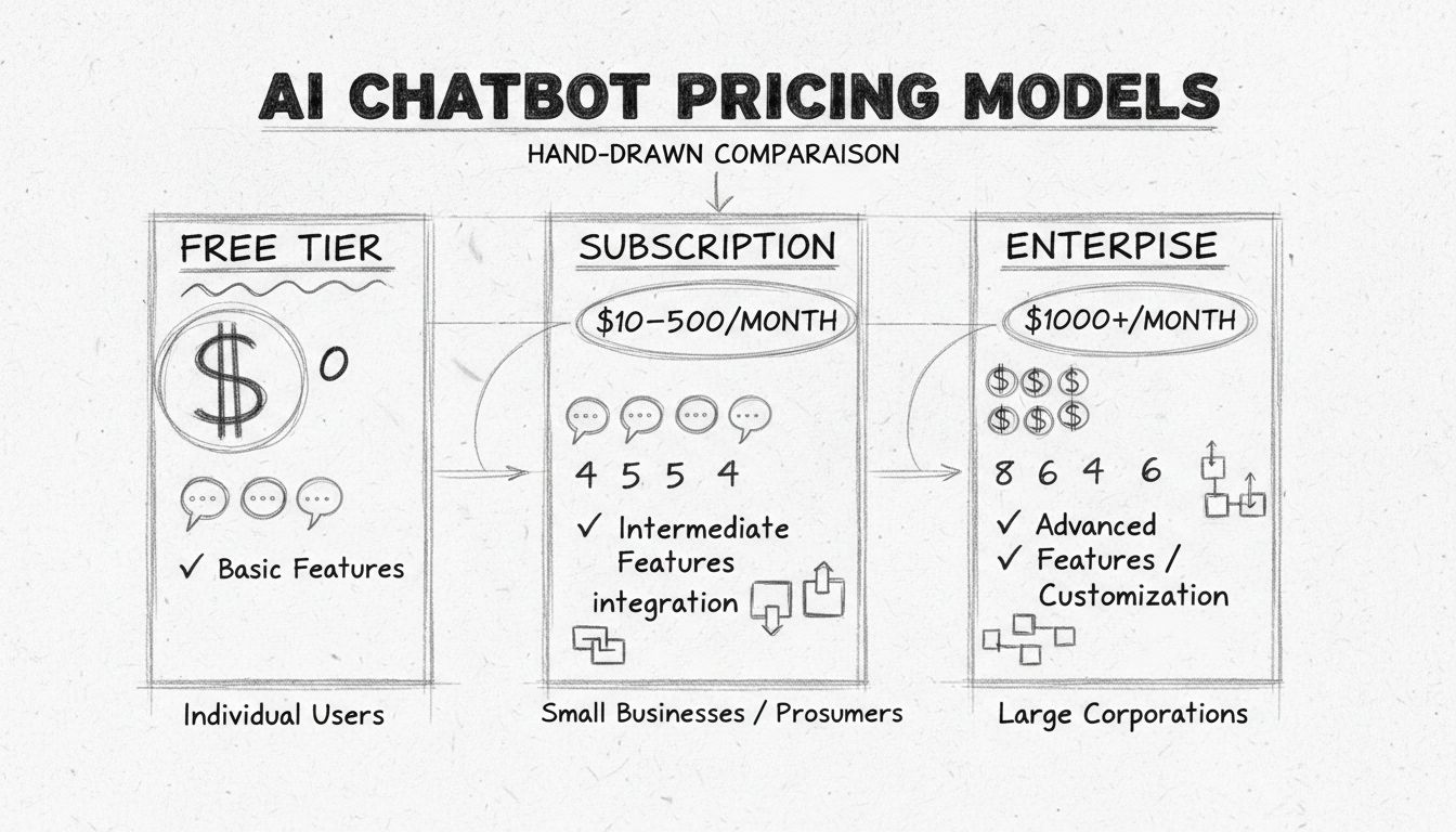 Porovnání cenových modelů AI chatbotů znázorňující bezplatnou verzi, předplatné a enterprise řešení