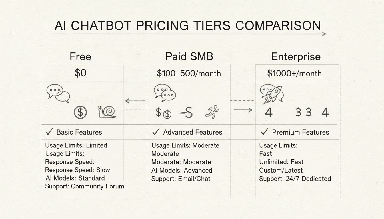 Sơ đồ so sánh các phân khúc giá chatbot AI: miễn phí, SMB trả phí và doanh nghiệp cùng các tính năng và chi phí