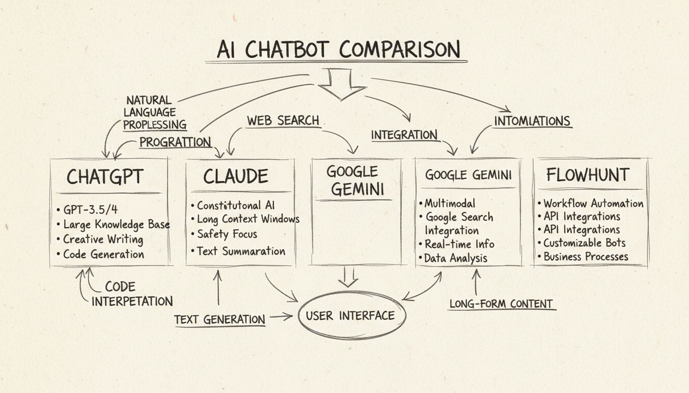Diagrama feito à mão comparando recursos e capacidades dos chatbots de IA