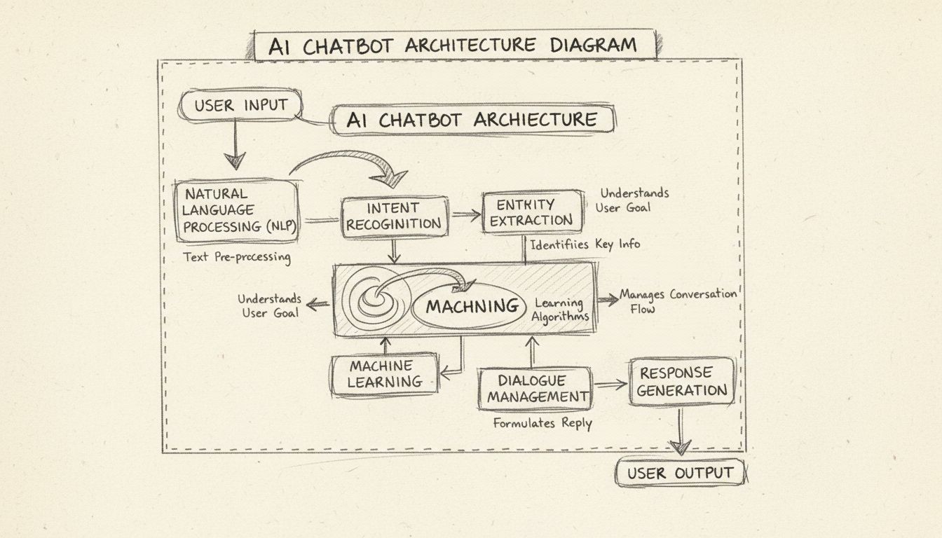 Sơ đồ kiến trúc Chatbot AI hiển thị các thành phần NLP, Machine Learning, Nhận diện Ý định, Trích xuất Thực thể, Quản lý Hội thoại và Tạo phản hồi