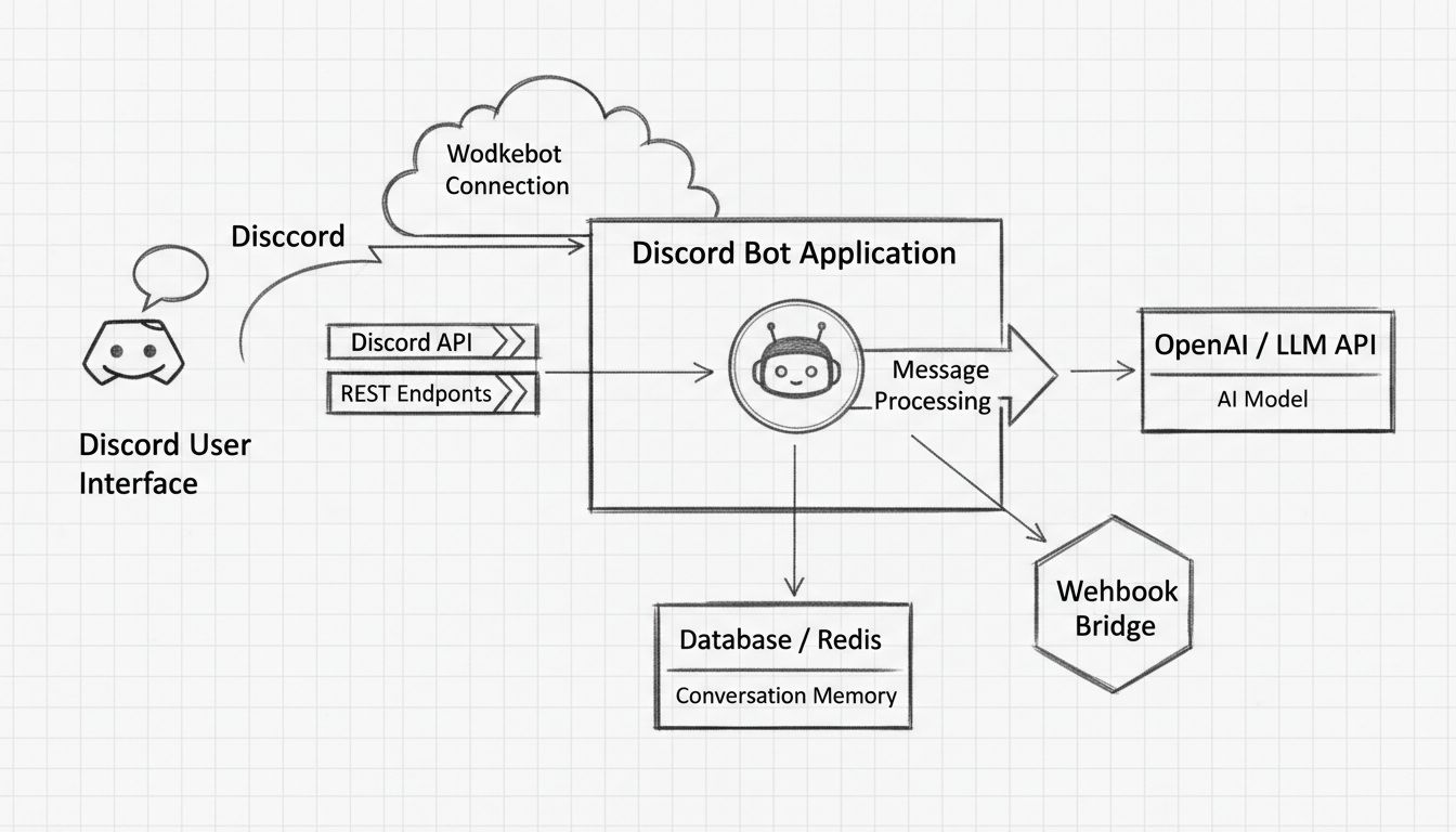 Schéma architektury Discord AI chatbota zobrazující Discord API, WebSocket spojení, REST endpointy, integraci AI modelu, paměť konverzace a tok zpracování zpráv