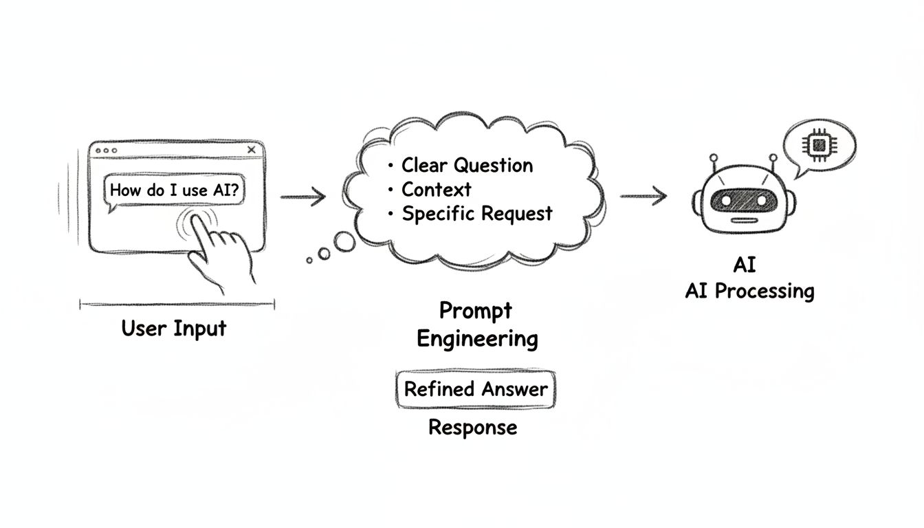 Ručně kreslené schéma znázorňující průběh použití AI chatbota: uživatelský vstup, tvorba promptu, AI zpracování, zpřesněná odpověď