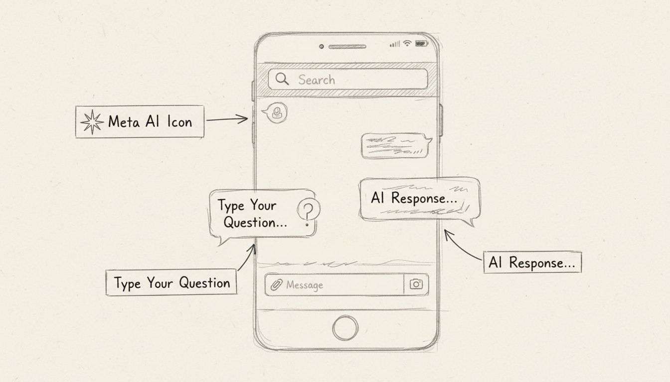 Diagramă desenată de mână care arată cum să accesezi Meta AI pe WhatsApp folosind bara de căutare și pictograma sclipici