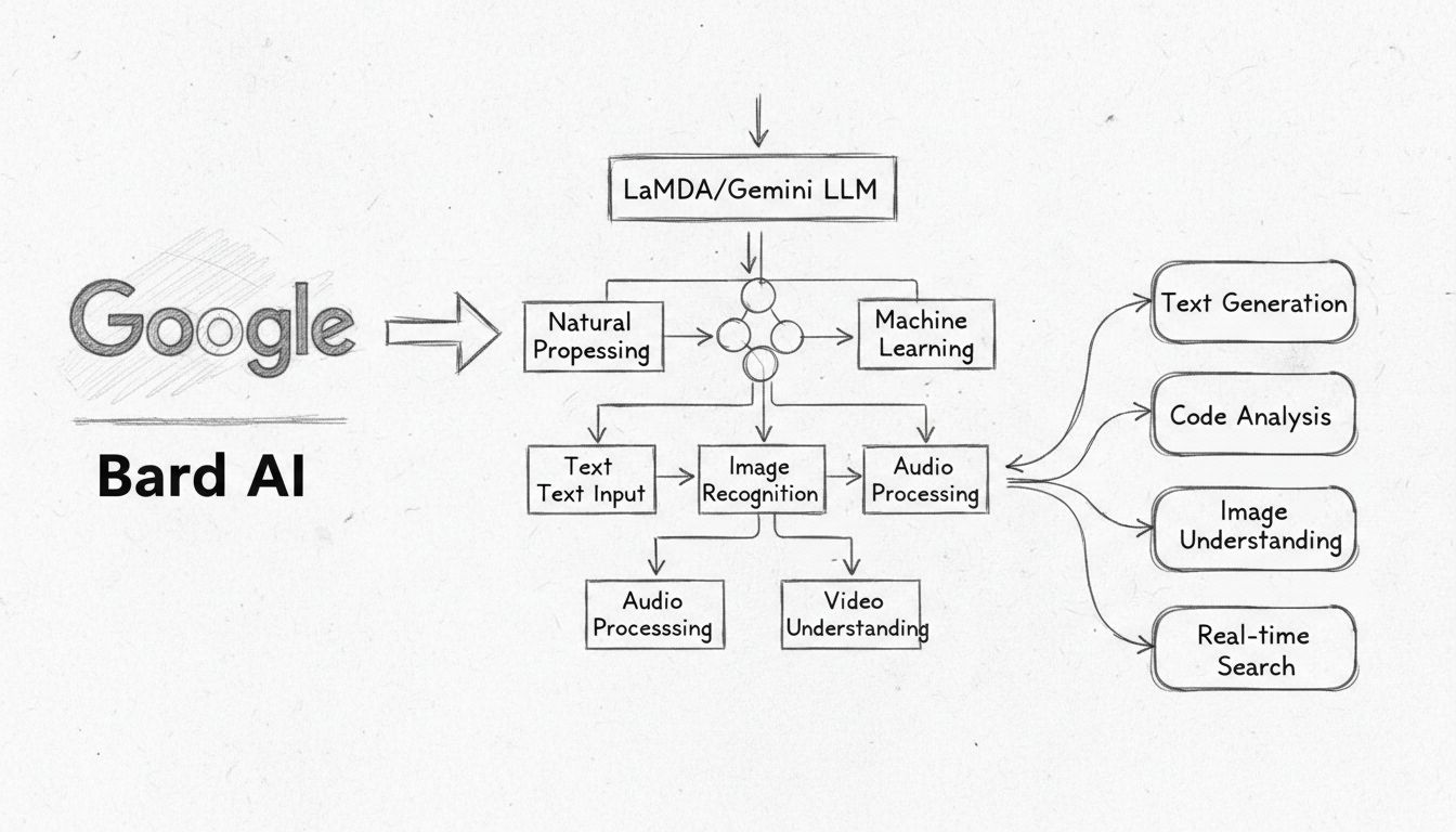 Sơ đồ kiến trúc chatbot Bard AI thể hiện LaMDA/Gemini LLM của Google với khả năng xử lý ngôn ngữ tự nhiên, máy học và đầu vào/đầu ra đa phương tiện