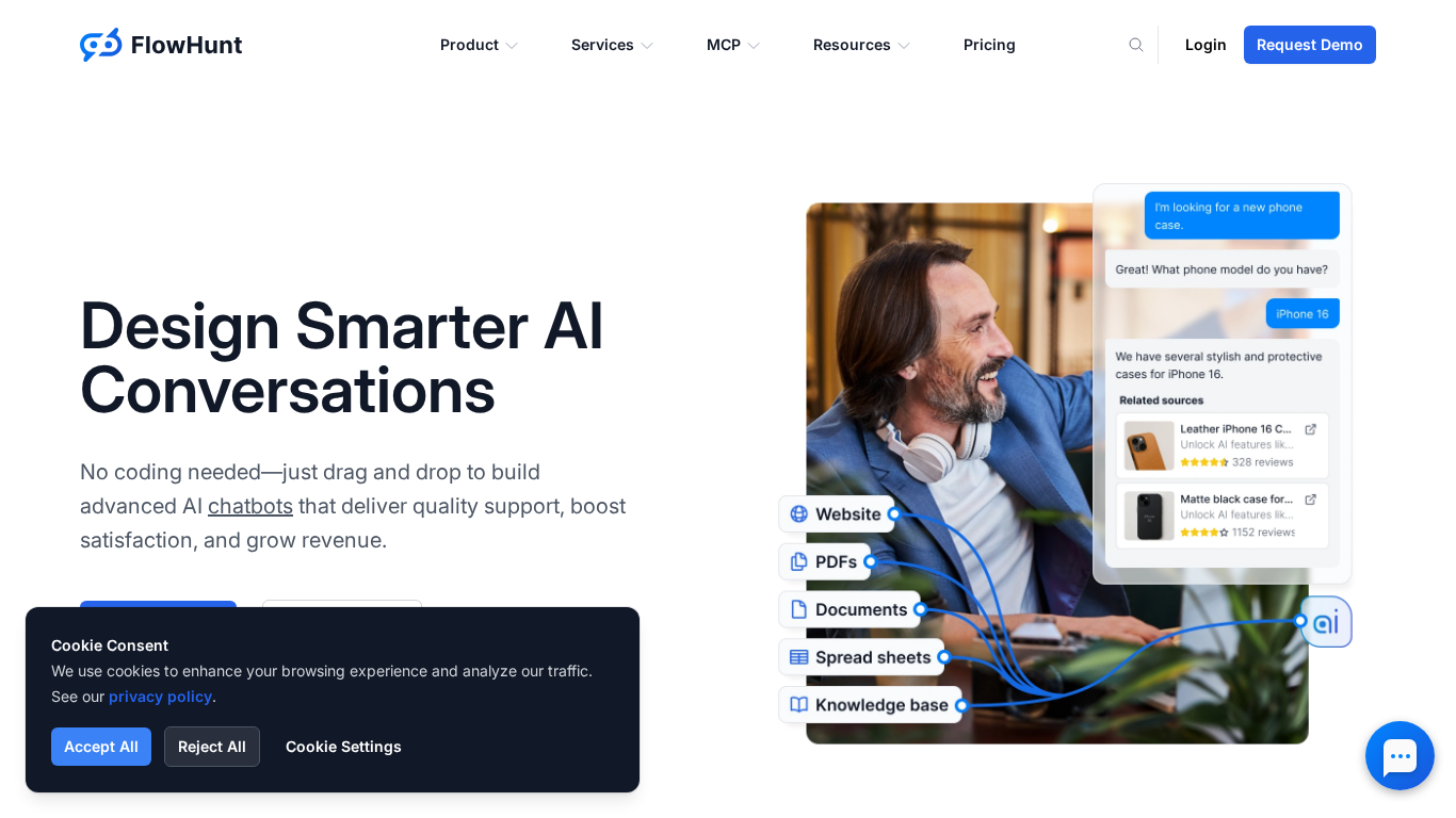 Interface da plataforma FlowHunt AI Chatbot mostrando o construtor visual e capacidades de automação