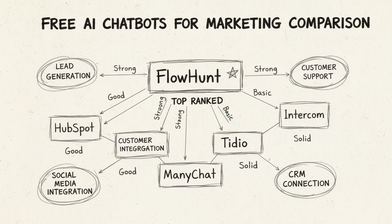 Diagrama comparativo dos melhores chatbots de IA gratuitos para marketing, incluindo FlowHunt, HubSpot, Tidio, ManyChat e Intercom, com recursos e capacidades