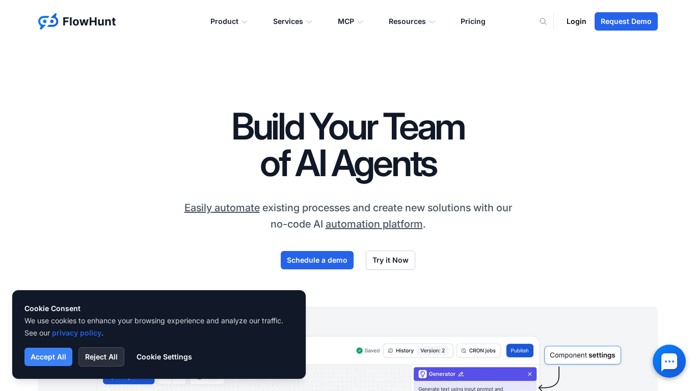 واجهة منصة FlowHunt توضح أداة بناء الشات بوت وإمكانيات الاختبار