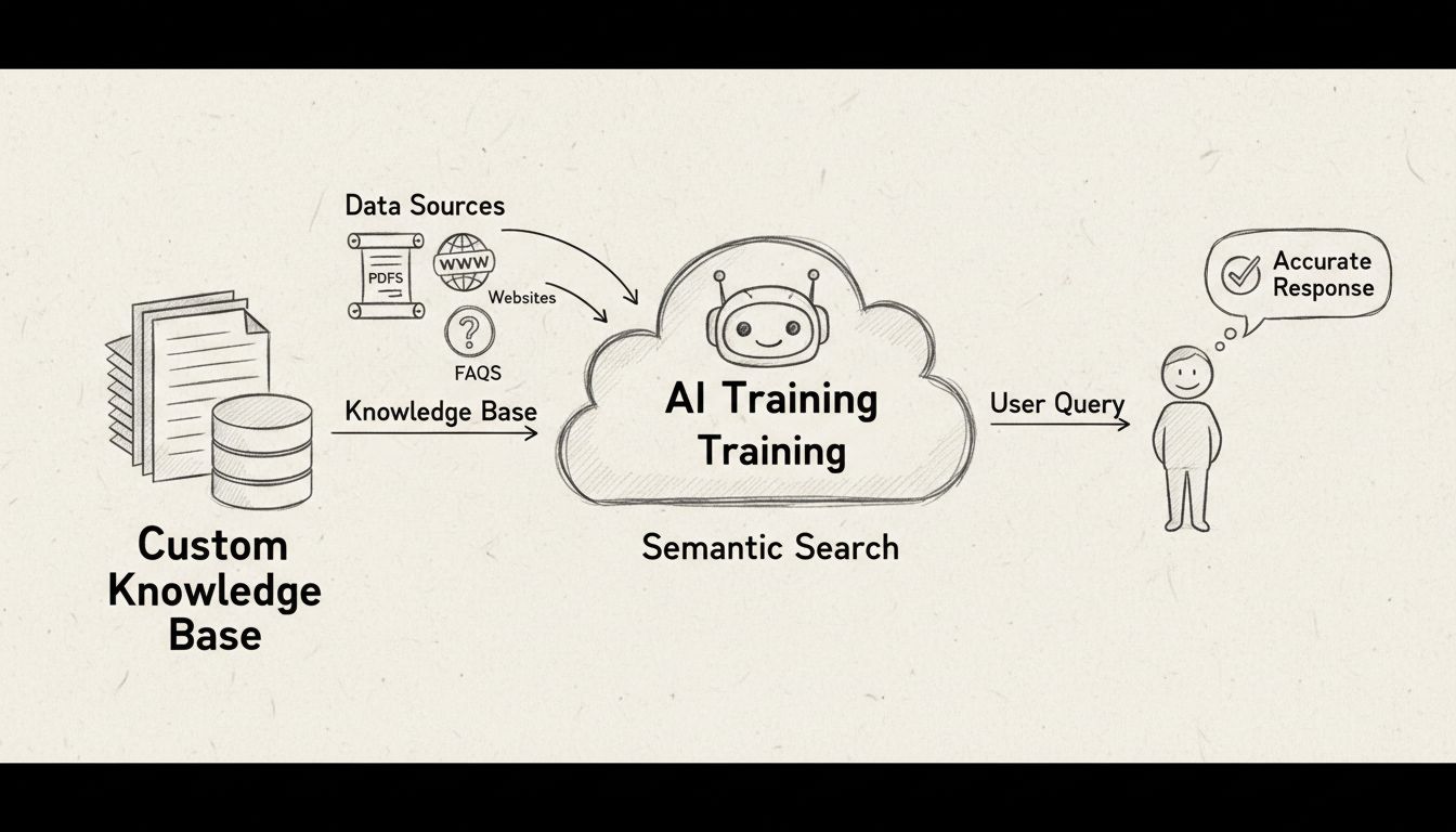 Schéma du processus d’entraînement d’un chatbot IA avec base de connaissances personnalisée montrant les sources de données, la recherche sémantique et les requêtes utilisateur