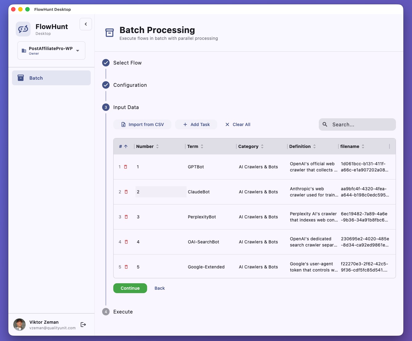 CSV upload and data preview in FlowHunt Desktop
