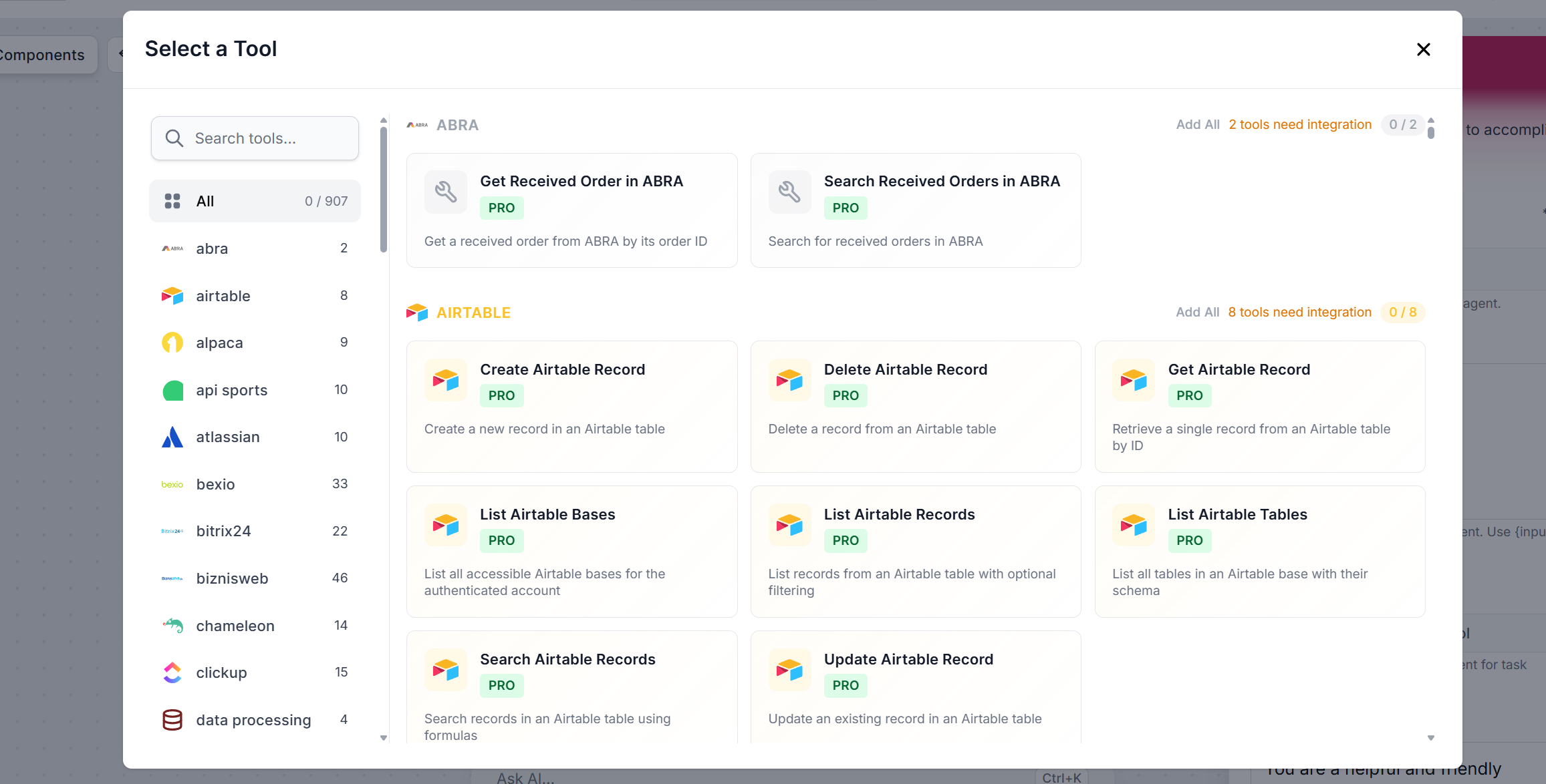 Select a tool to connect to the Deep Agent