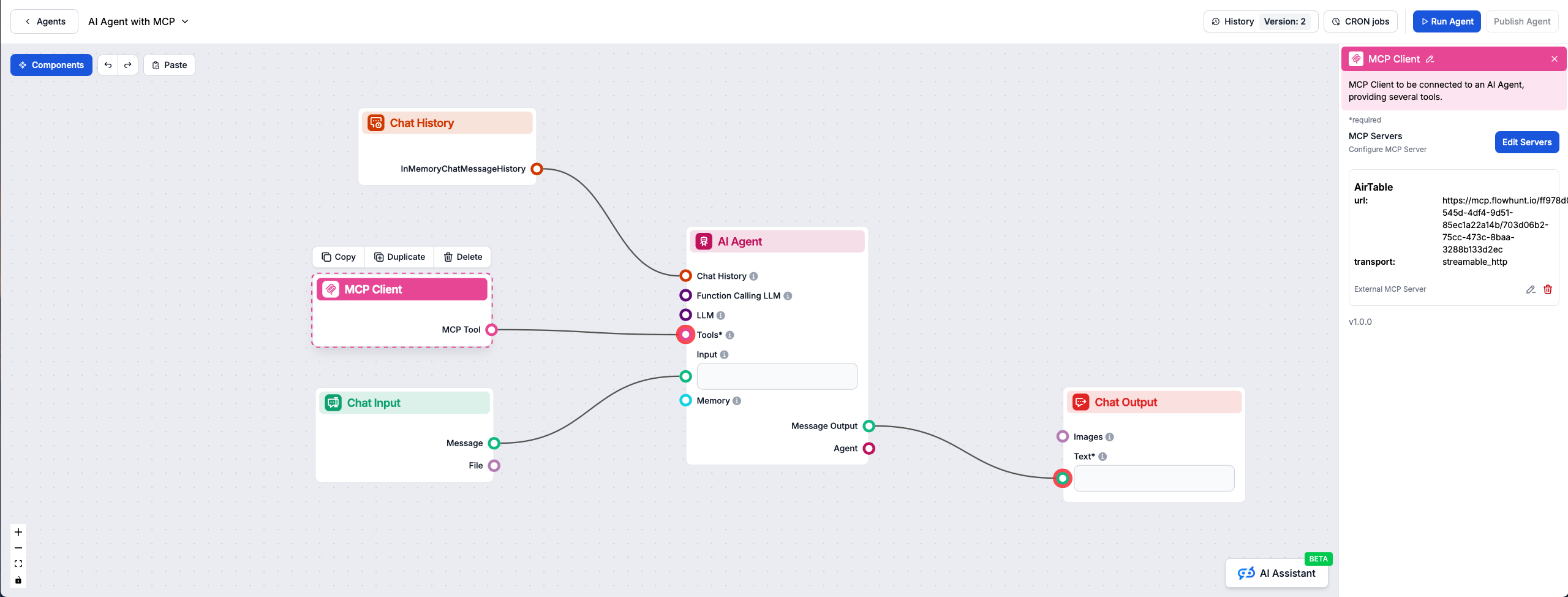 FlowHunt visual flow builder with MCP Client component