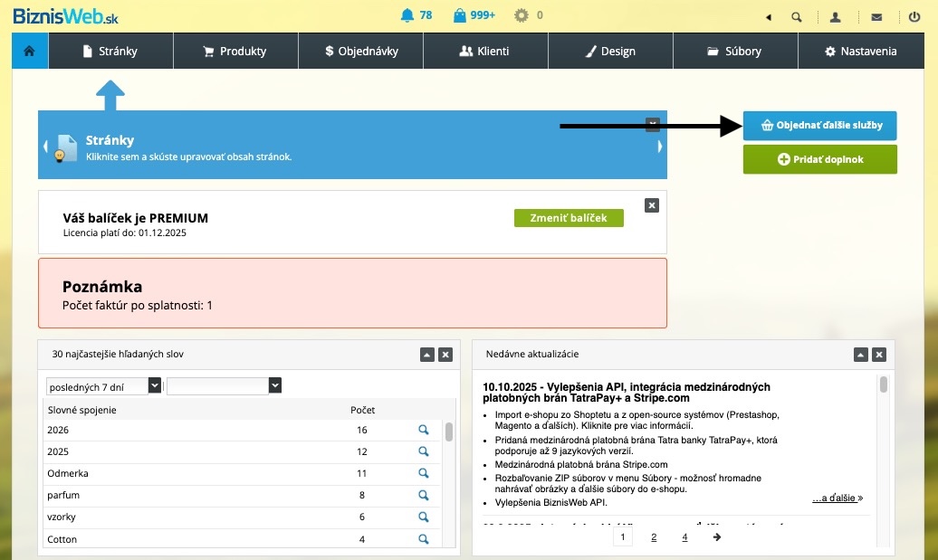 BiznisWeb.sk 관리자 대시보드의 서비스 주문 버튼