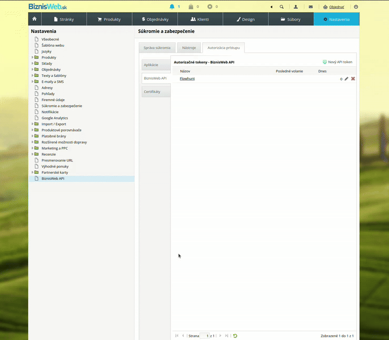 BiznisWeb.sk API nastavenia