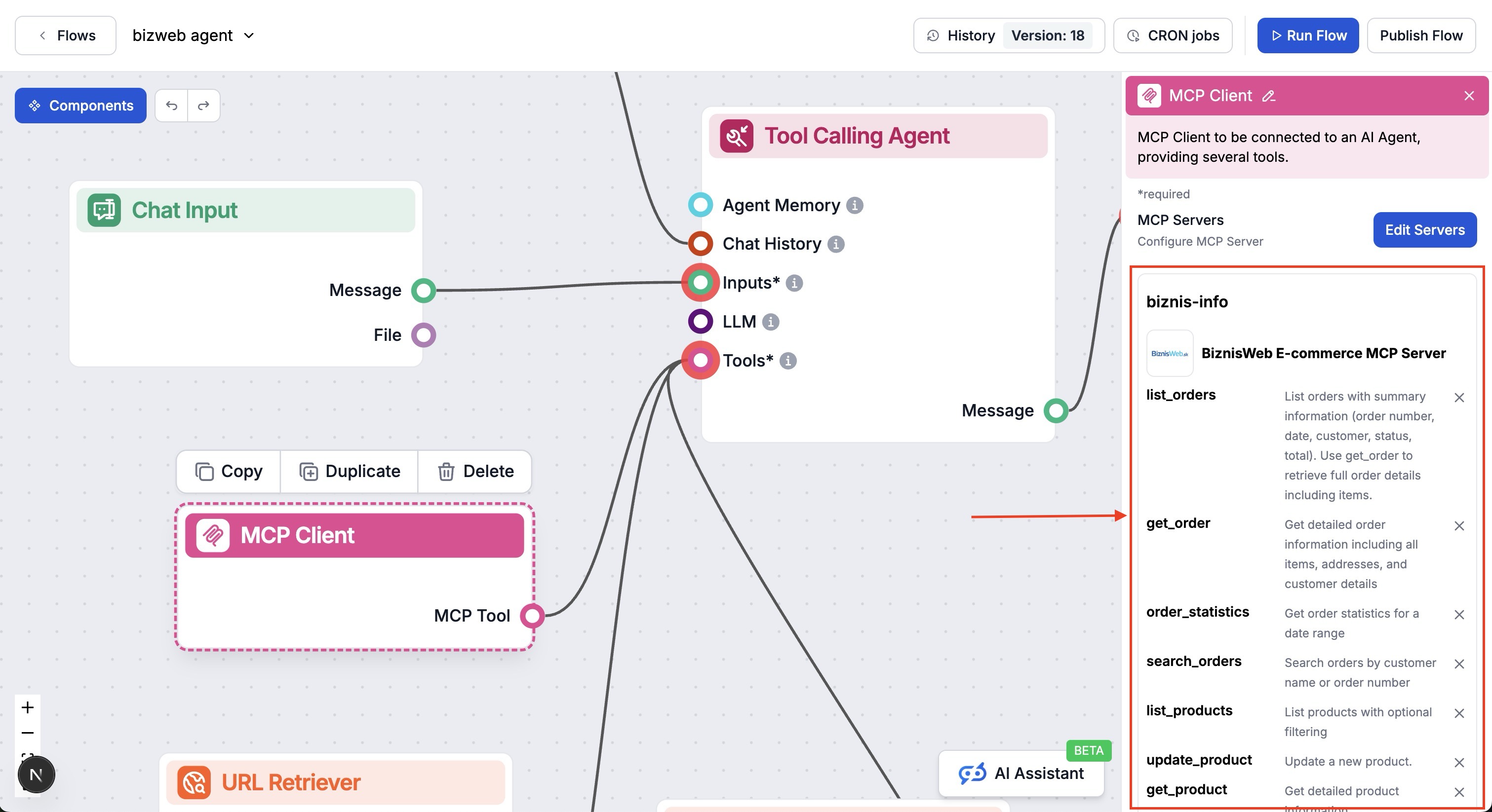FlowHunt 비주얼 플로우 빌더의 MCP 컴포넌트