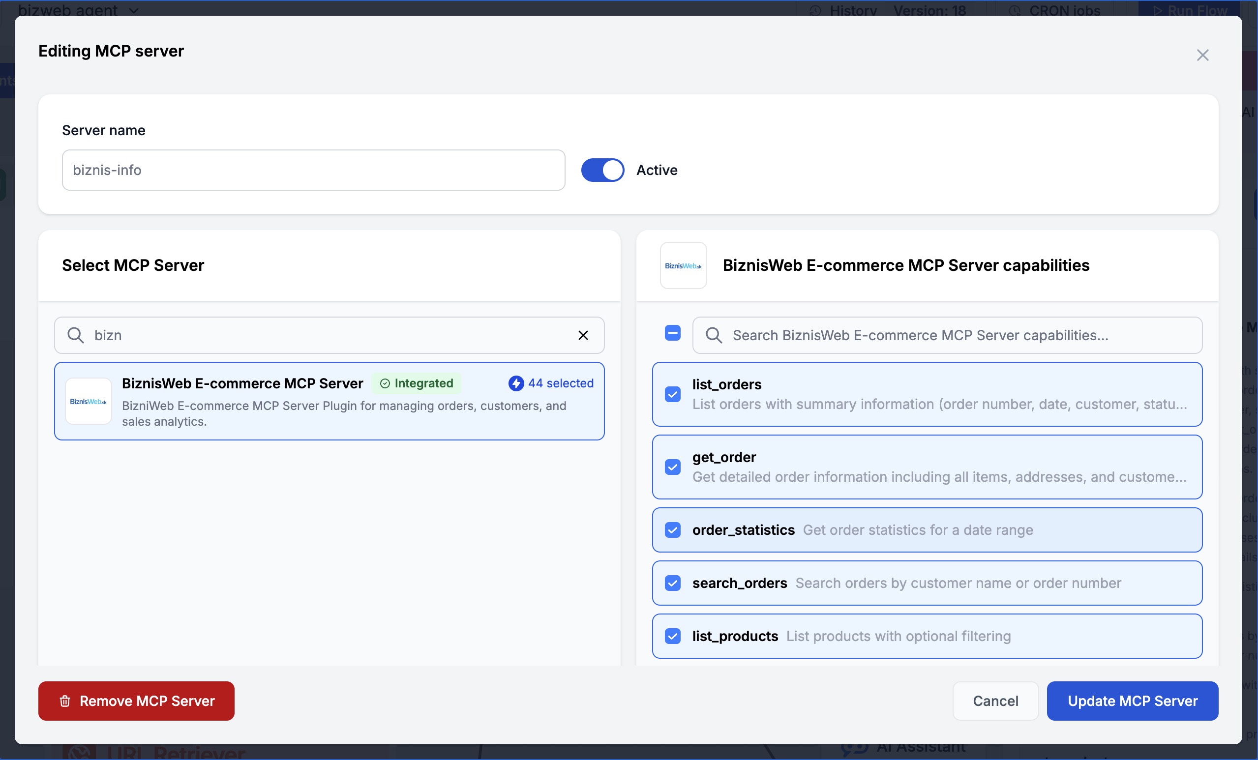 FlowHunt 비주얼 플로우 빌더의 MCP 컴포넌트