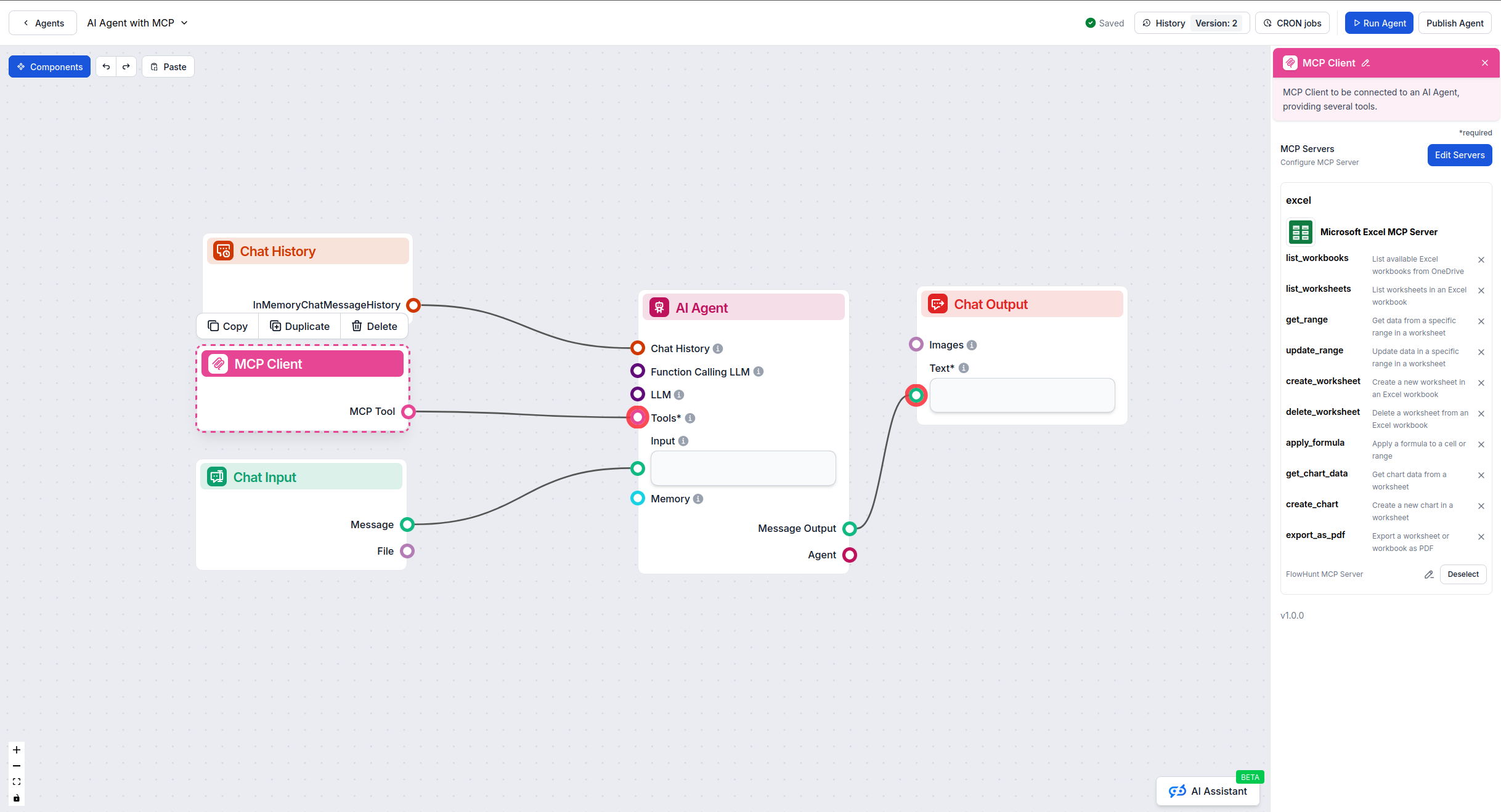 FlowHunt visual flow builder with MCP component