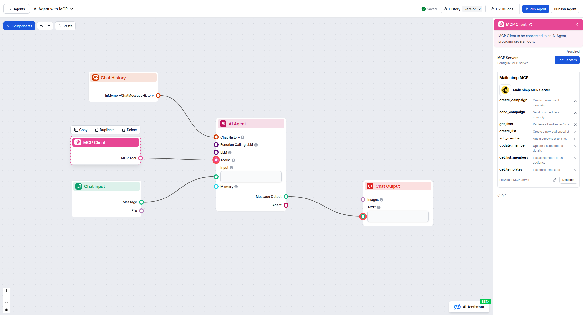 FlowHunt visual flow builder with MCP component