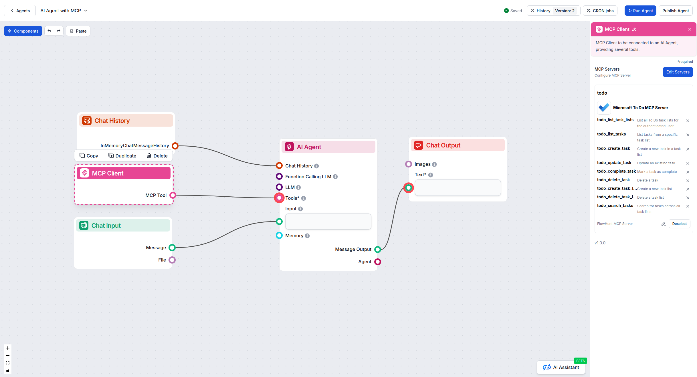 FlowHunt visual flow builder with MCP component
