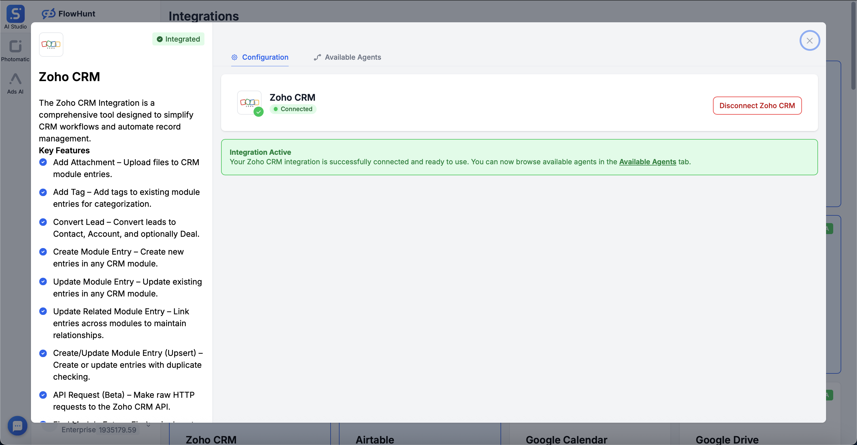 Zoho CRM successfully integrated