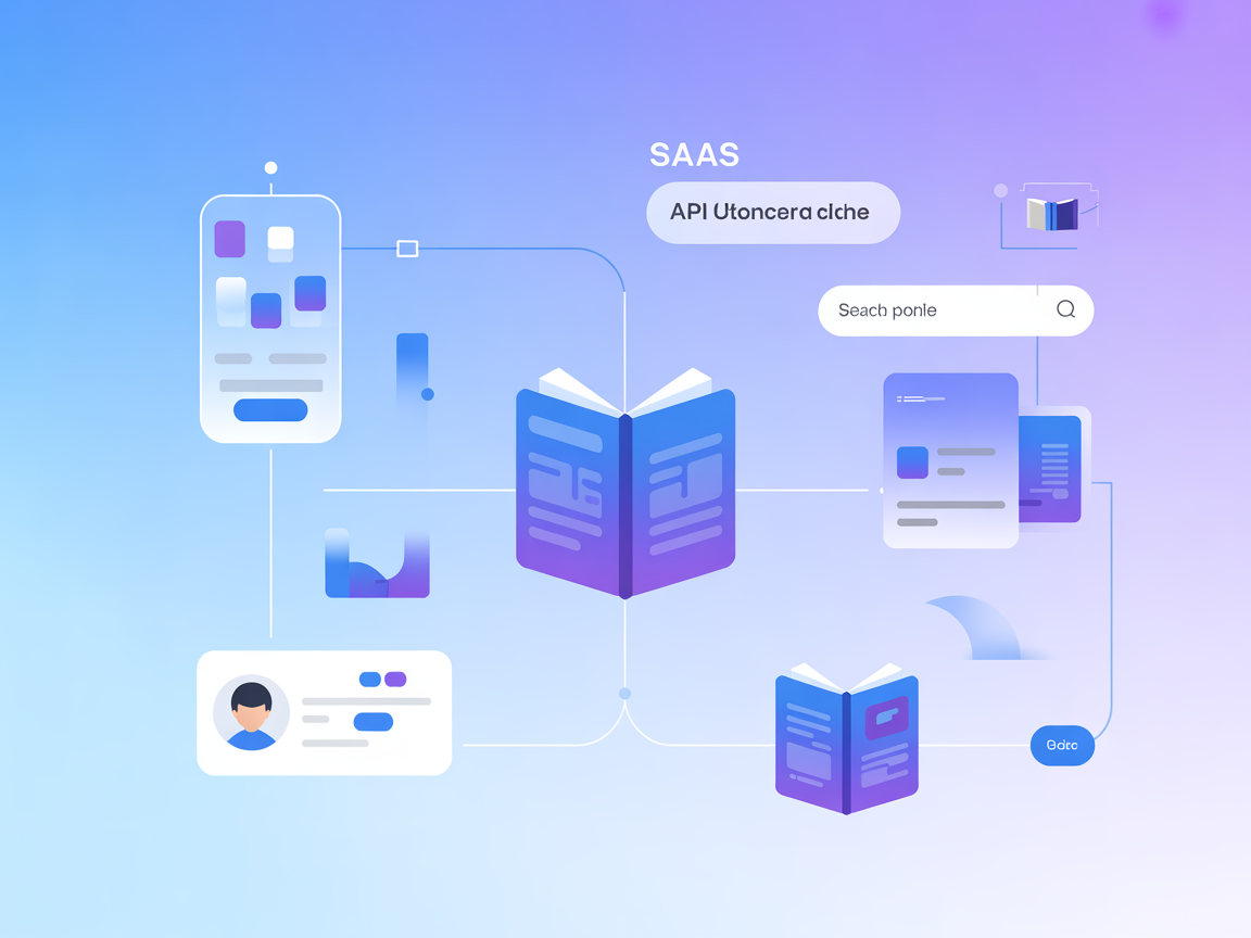 Ilustración minimalista con líneas de API, íconos de libros, perfil de autor, íconos de búsqueda