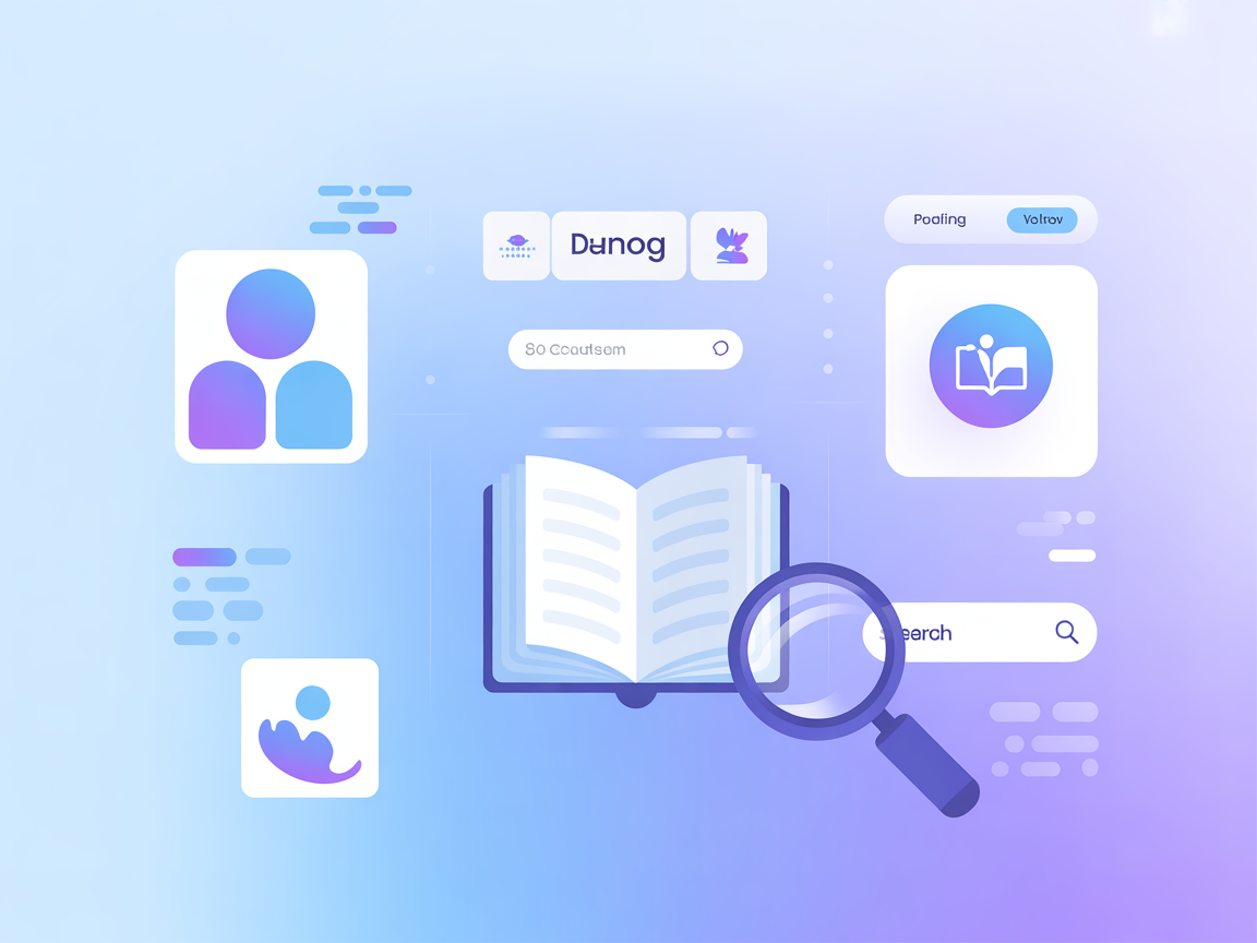 Ilustración minimalista de libros, íconos de autores y lupa de búsqueda de libros