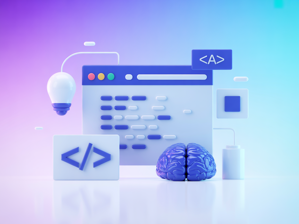 Vektorové okno prohlížeče a AI ikony znázorňující webovou automatizaci