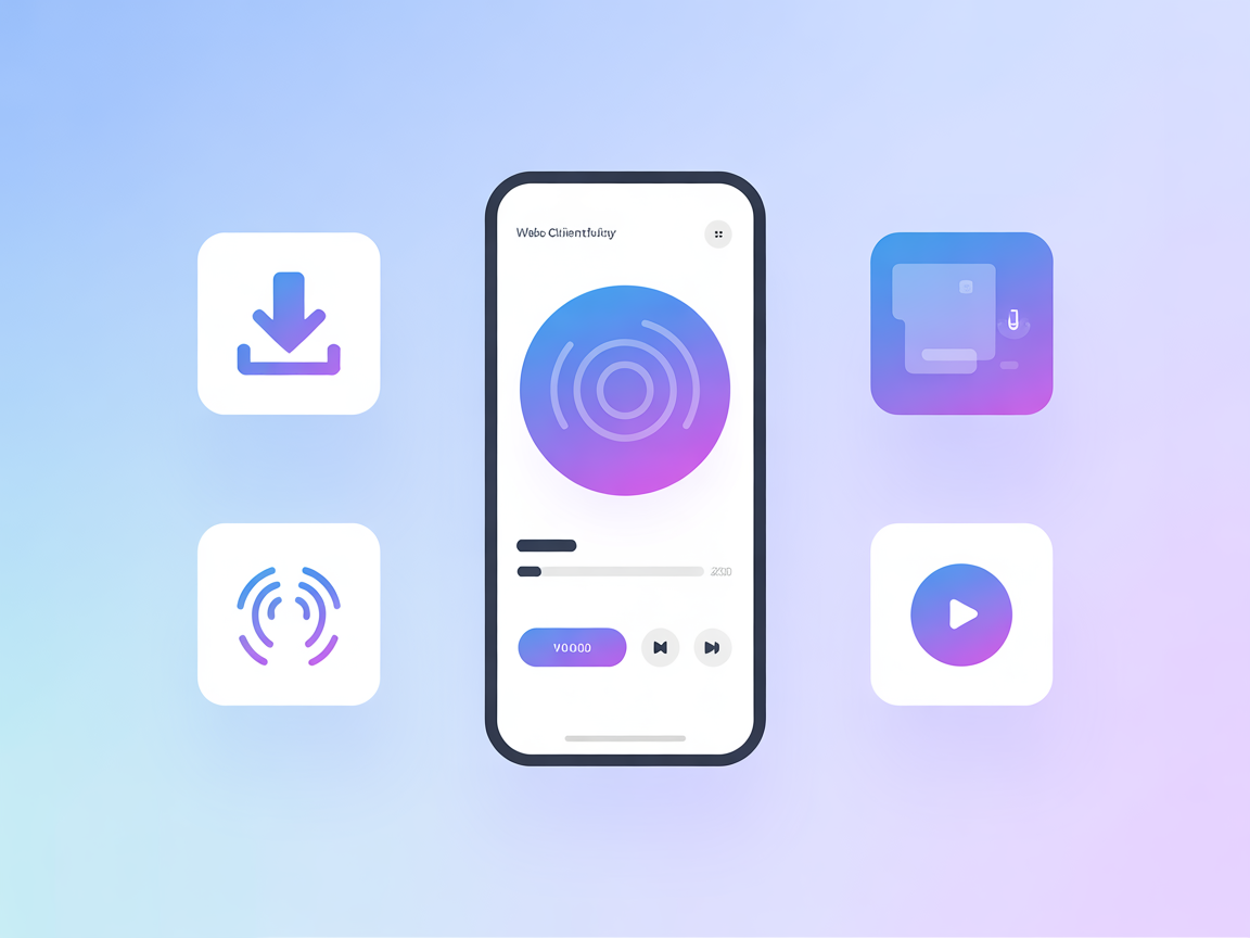 Minimalistisk vektor, der viser lydgenerering, stemmevalg, manuskripthåndtering og database