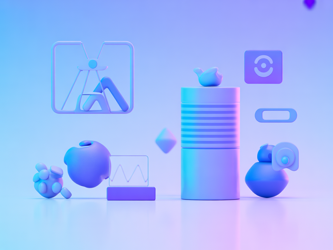 Minimalistisch vectorbeeld van AI-integratie met database, blauw paarse gradiënt