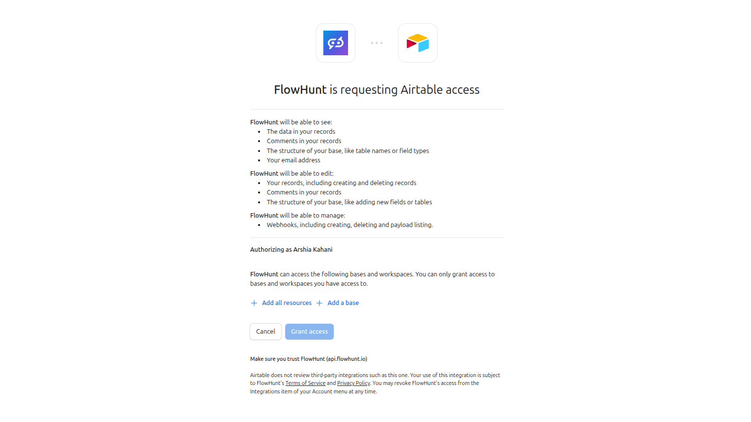 Airtable OAuth authorization page for FlowHunt