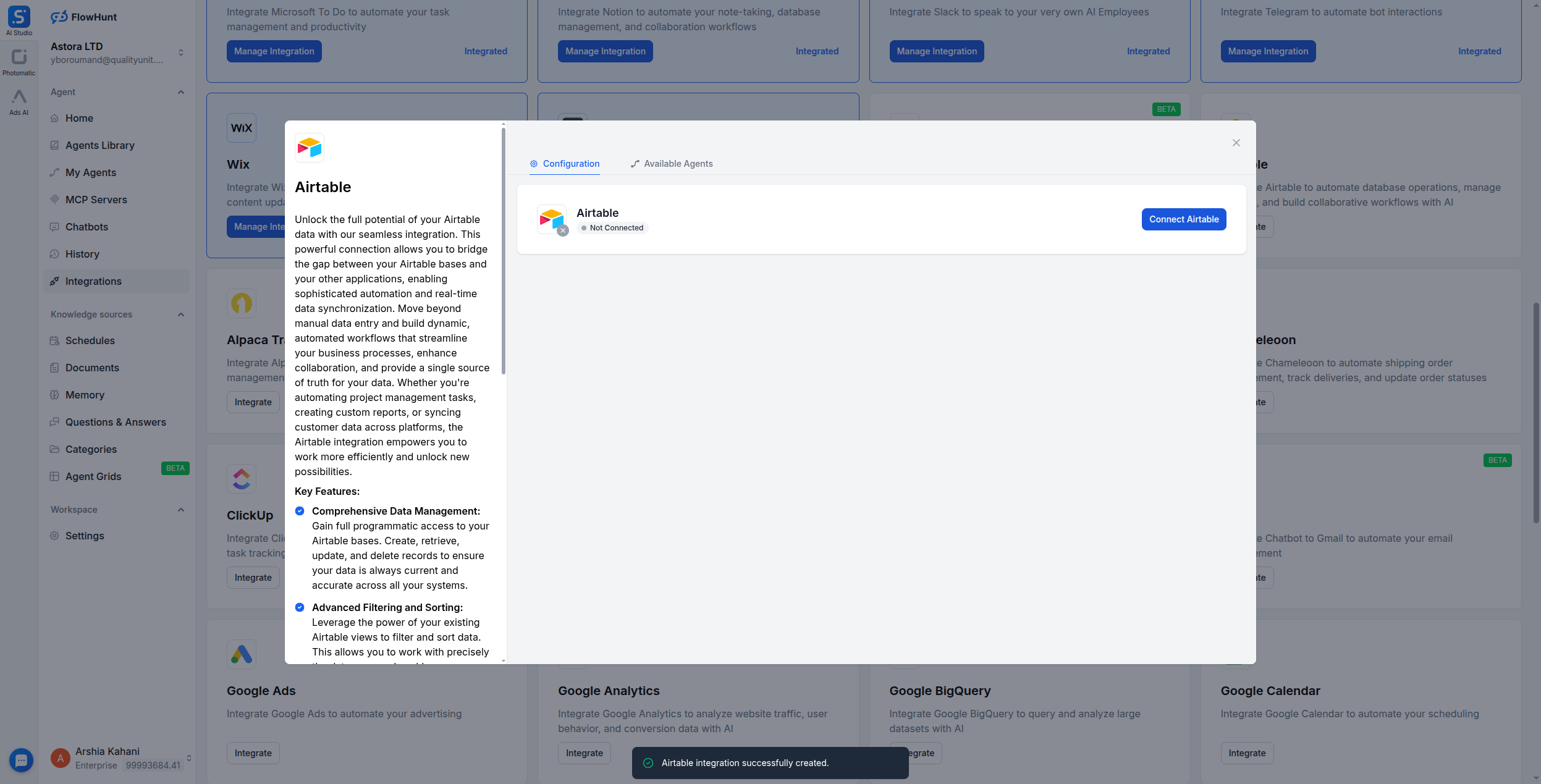 FlowHunt Airtable integration dialog showing the Connect Airtable button