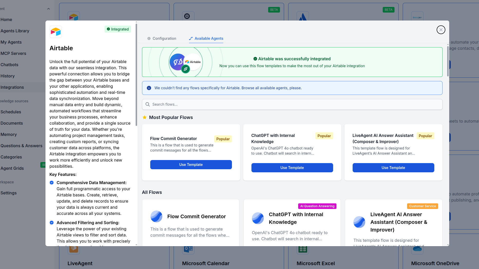 FlowHunt Airtable integration successfully connected with Available Agents tab
