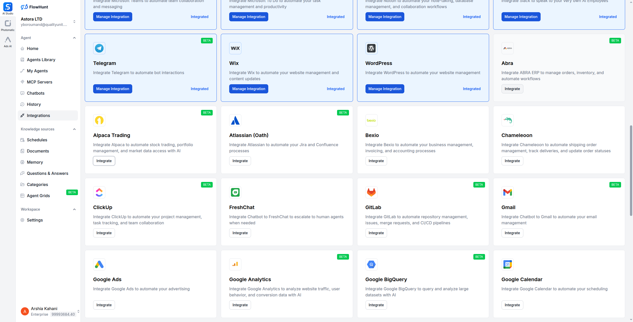 FlowHunt Integrations page showing the Alpaca Trading integration card