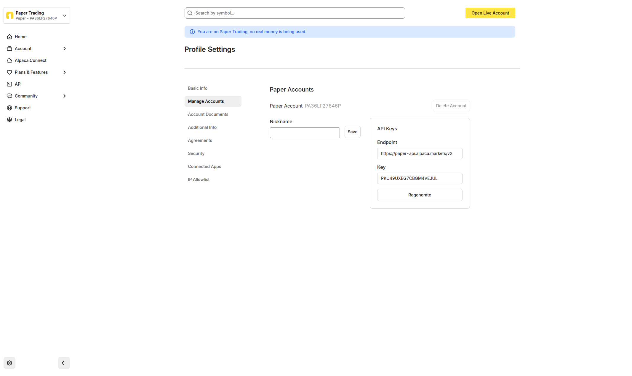 Alpaca dashboard showing the API Keys section under Settings and Manage Accounts