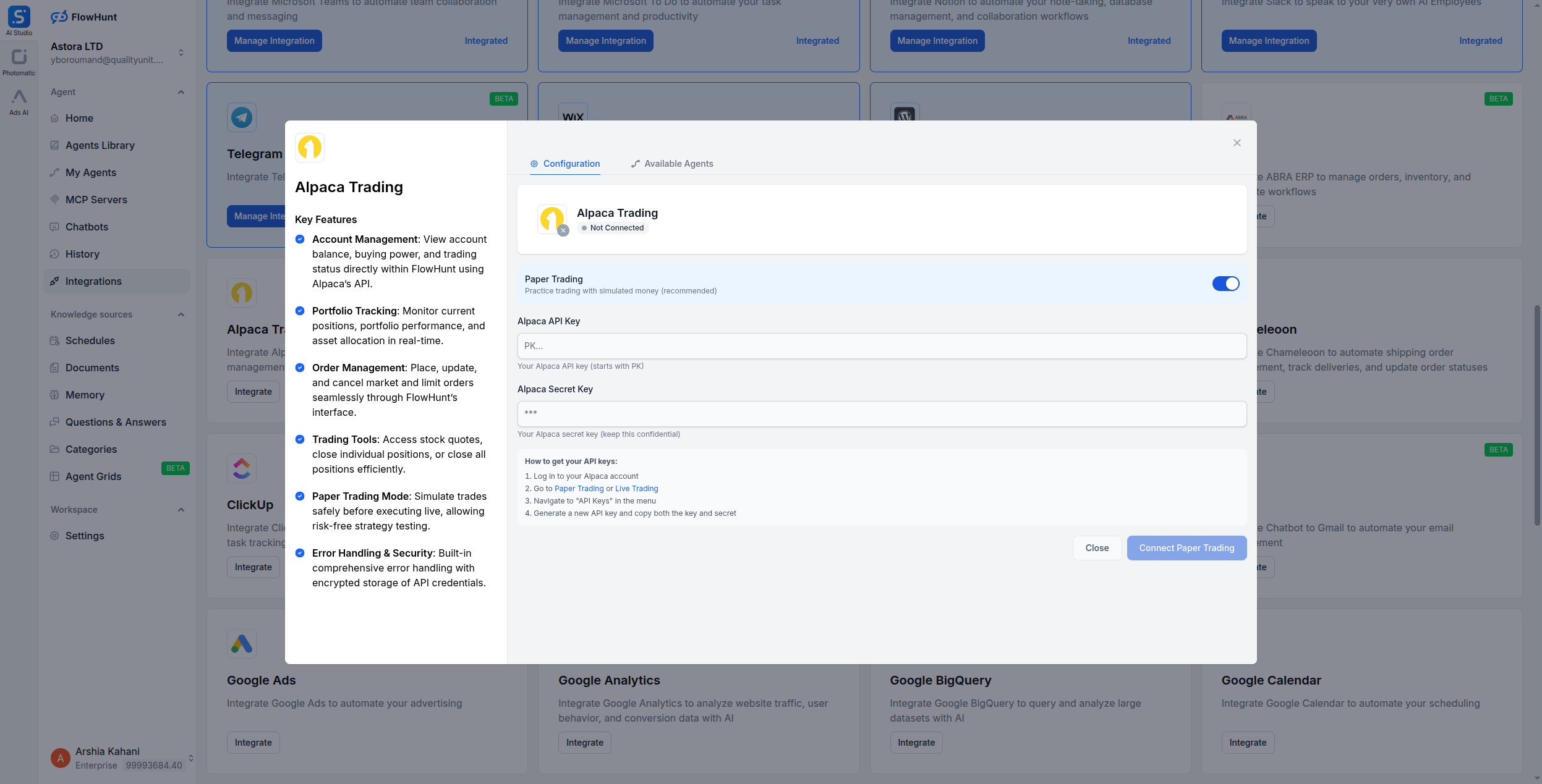 FlowHunt Alpaca Trading integration dialog showing API key fields and Paper Trading toggle