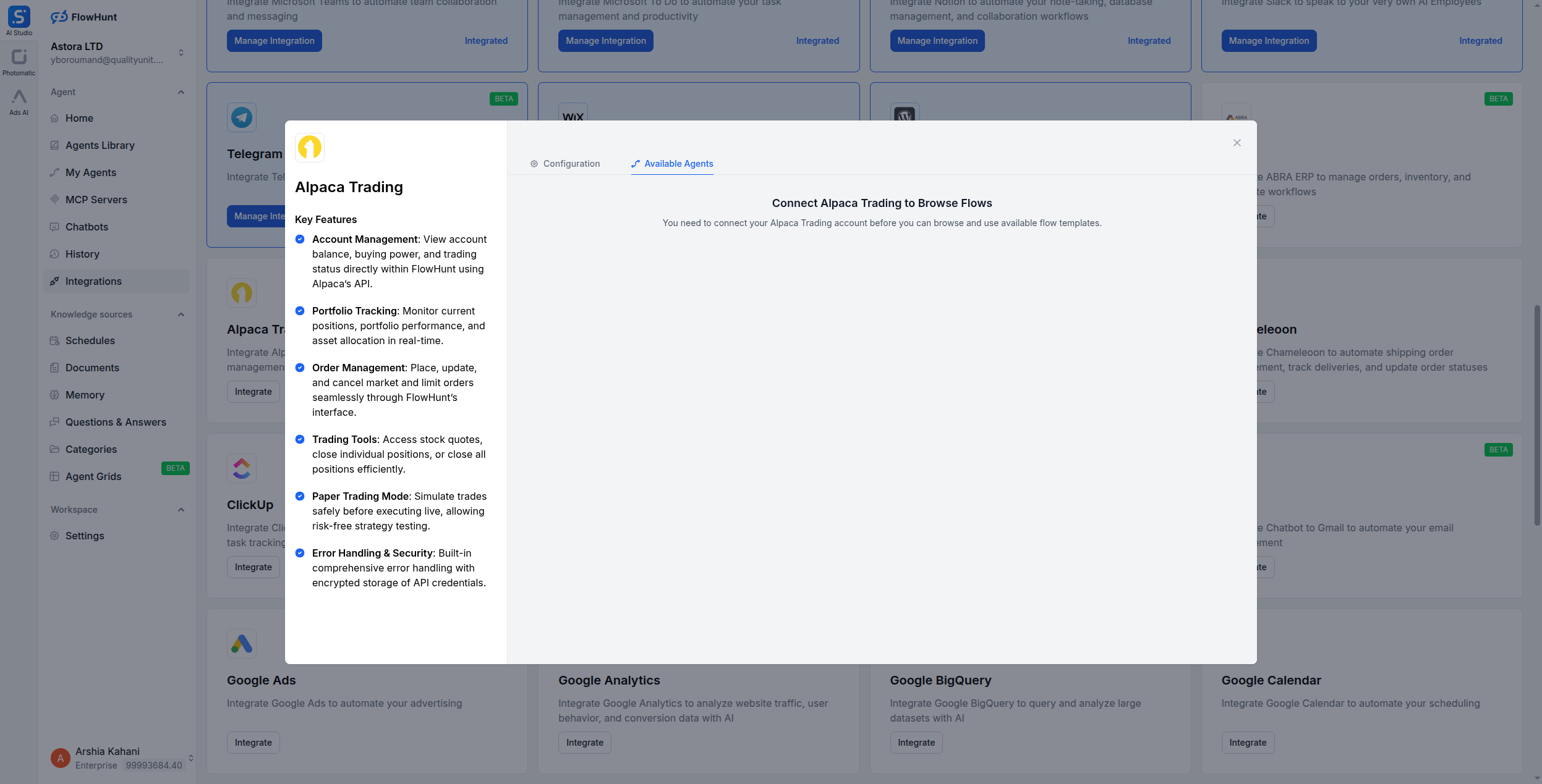 FlowHunt Alpaca Trading integration Available Agents tab