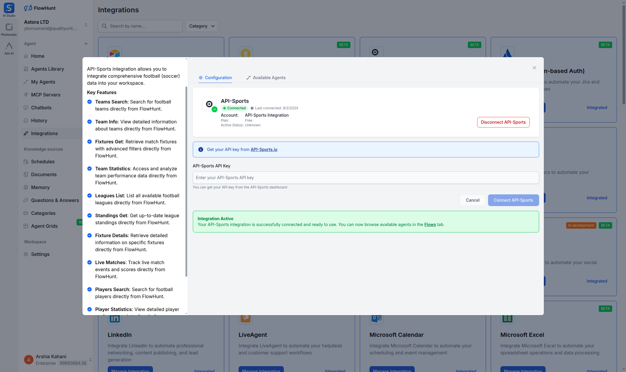 FlowHunt API-Sports integration dialog showing the API key field