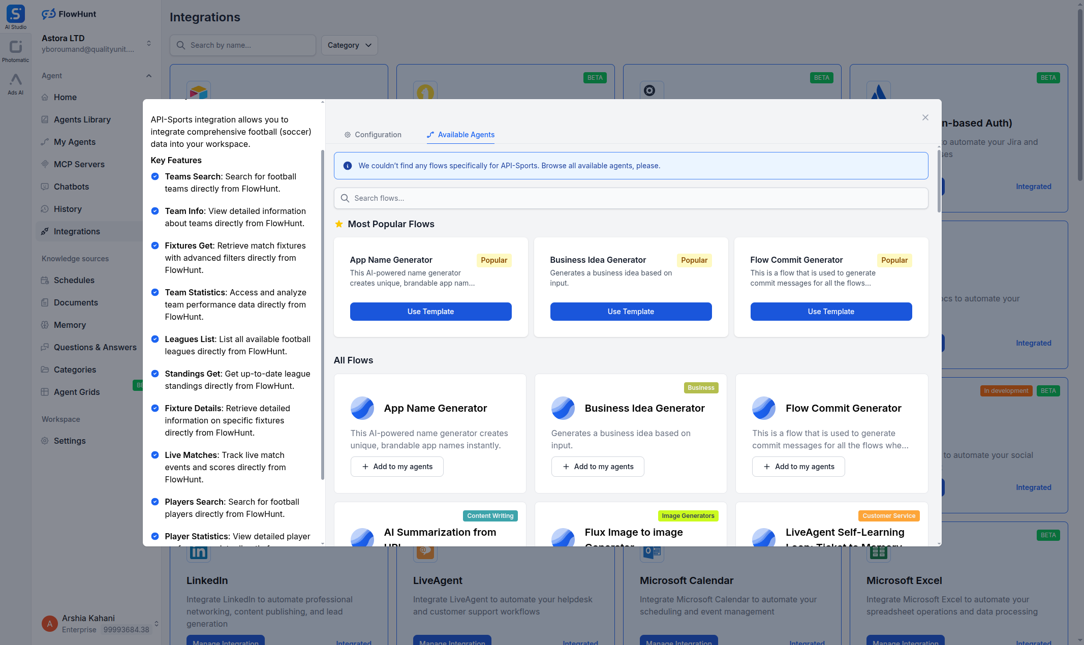 FlowHunt API-Sports integration Available Agents tab