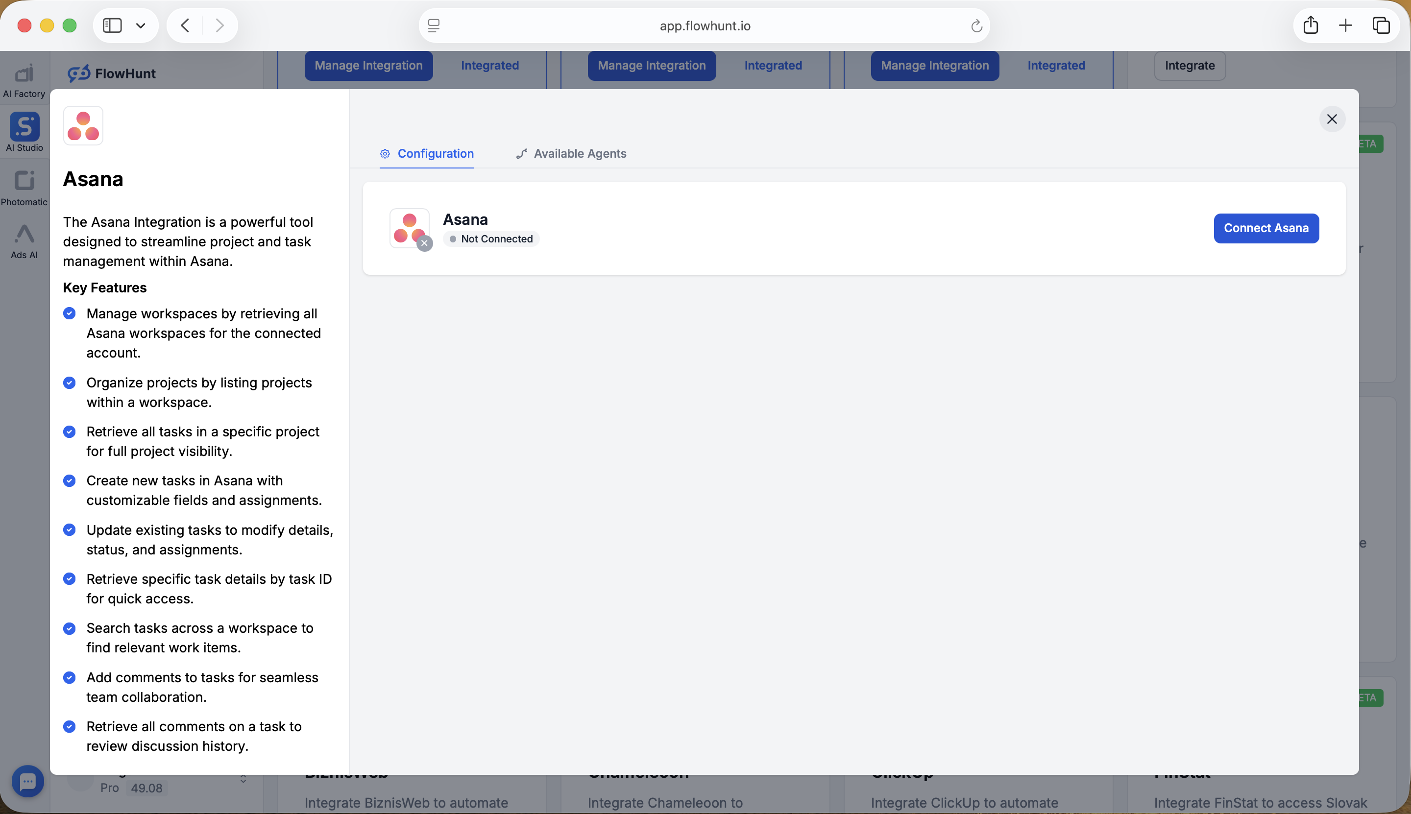 Hộp thoại tích hợp Asana của FlowHunt hiển thị nút Connect Asana với trạng thái Not Connected