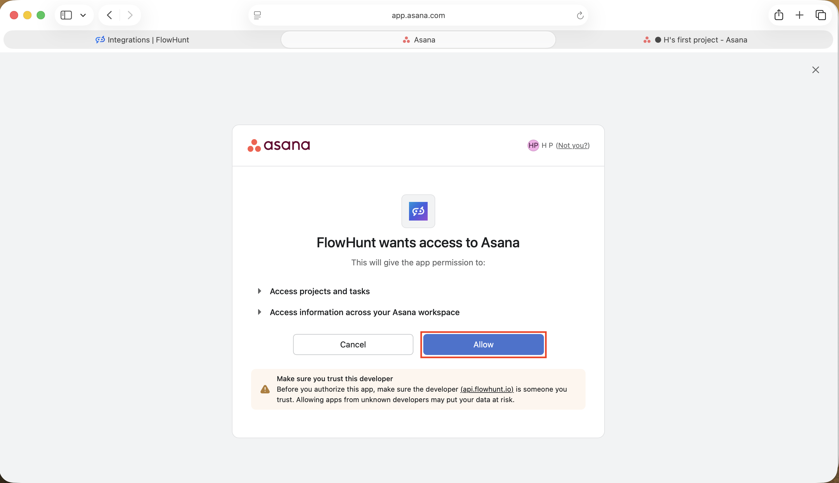 Màn hình ủy quyền OAuth của Asana hiển thị FlowHunt muốn truy cập với nút Allow được làm nổi bật