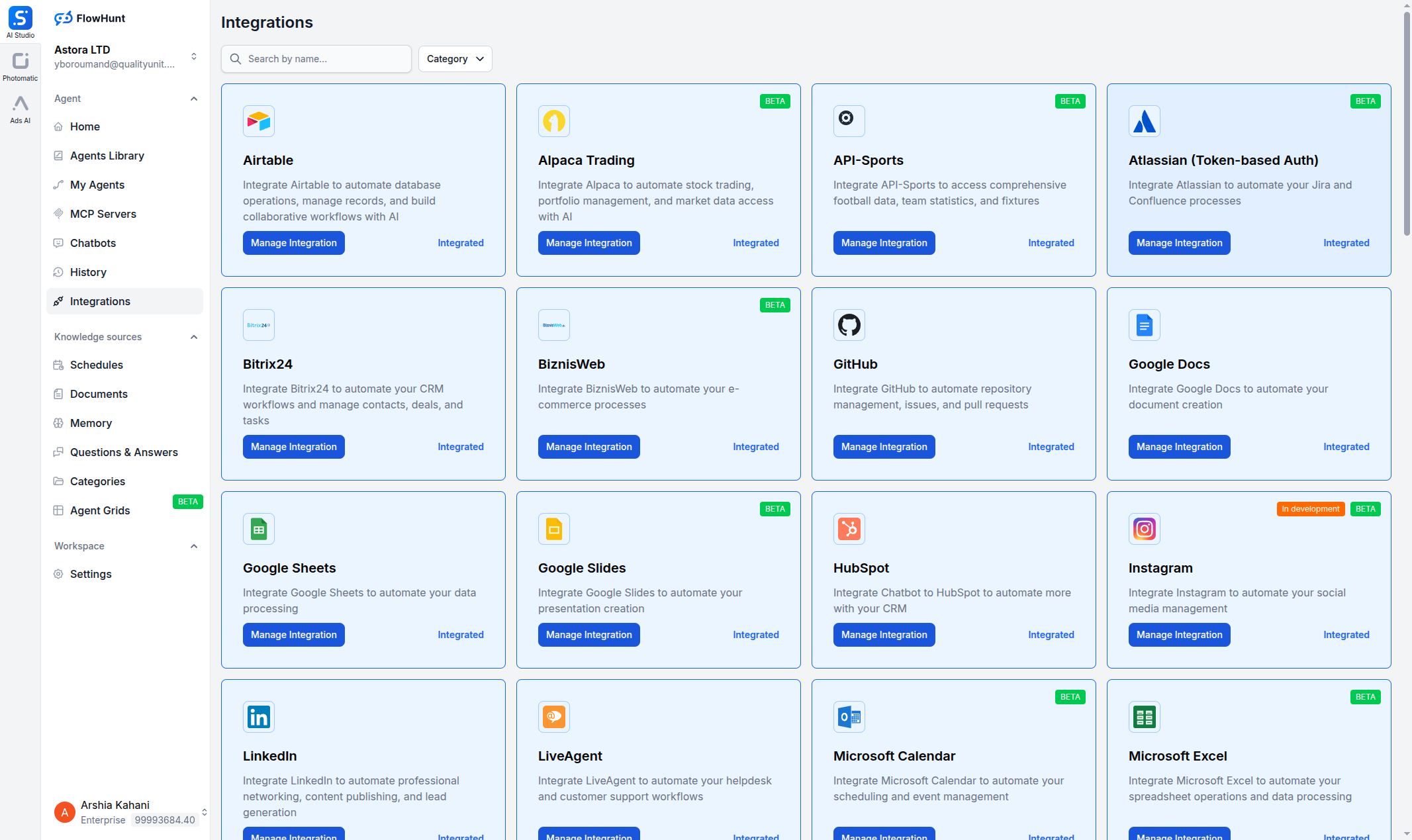 FlowHunt Integrations page showing the Atlassian integration card