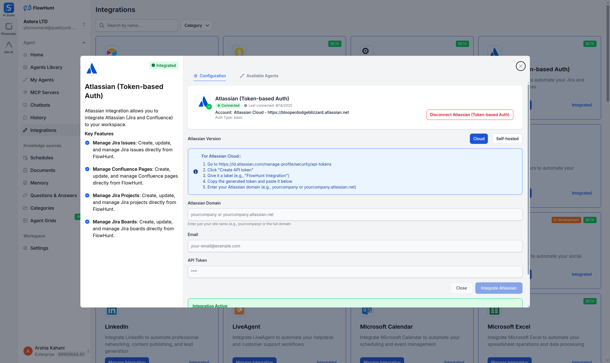 FlowHunt Atlassian integration dialog showing domain, email, and API token fields