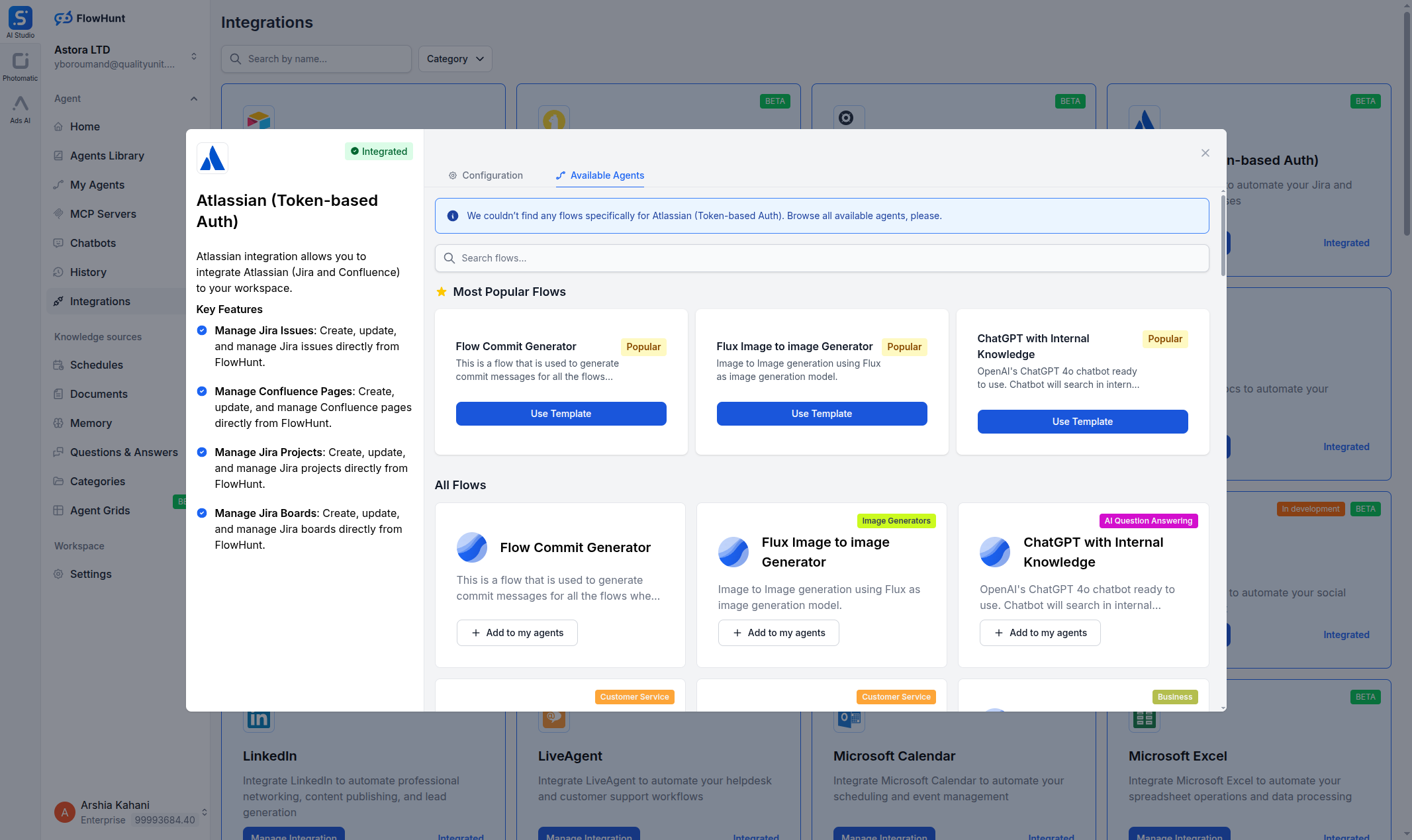 FlowHunt Atlassian integration Available Agents tab