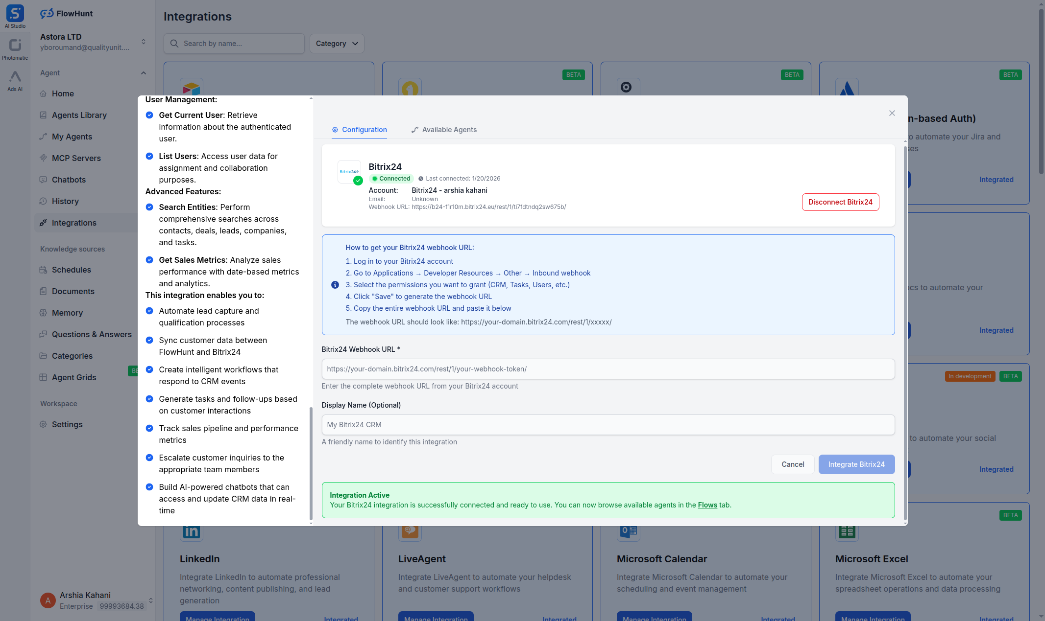 FlowHunt Bitrix24 integration dialog showing webhook URL field