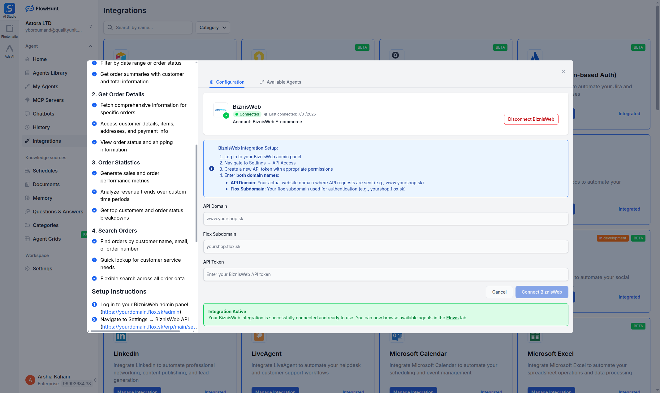 FlowHunt BiznisWeb integration dialog showing API credential fields