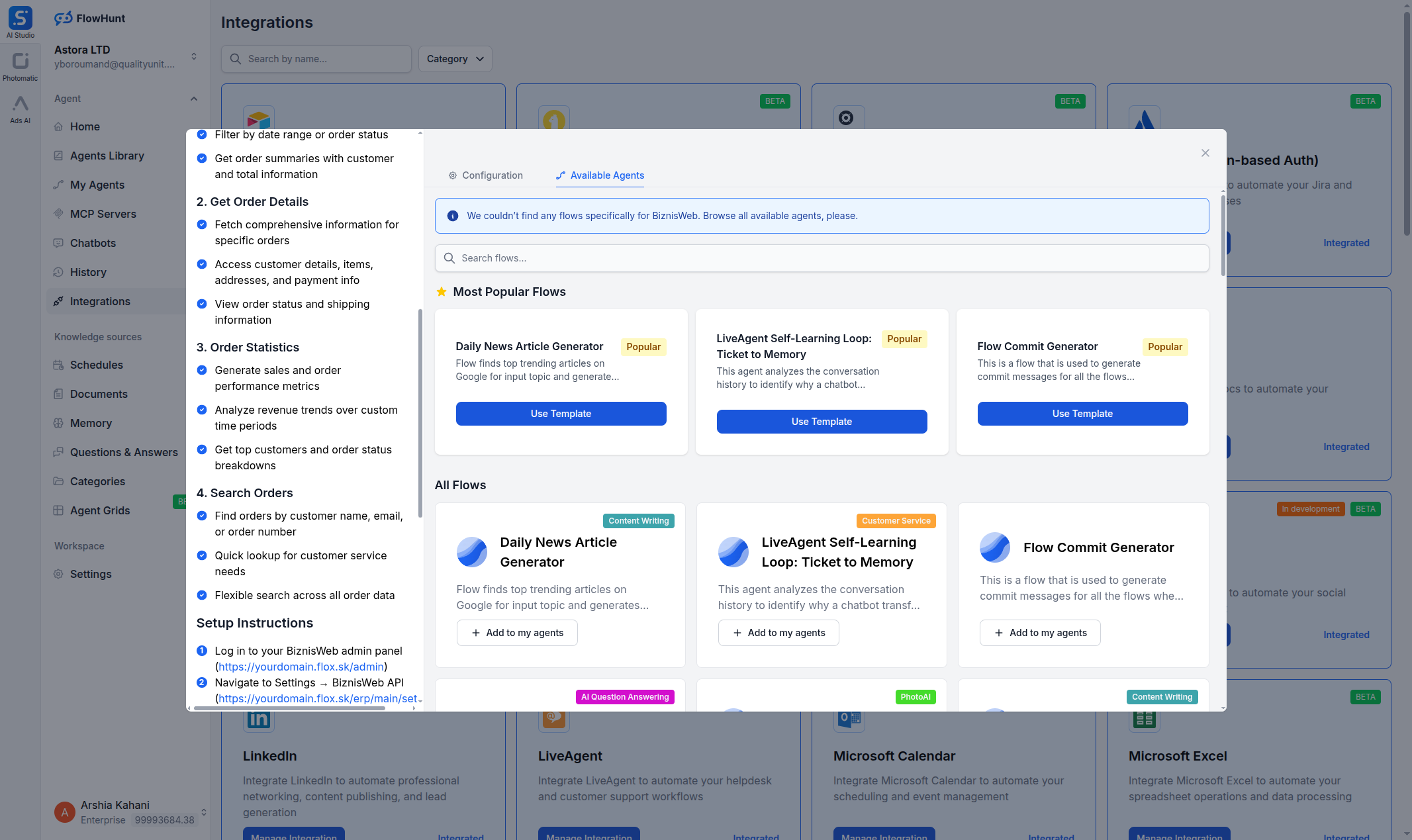 FlowHunt BiznisWeb integration Available Agents tab