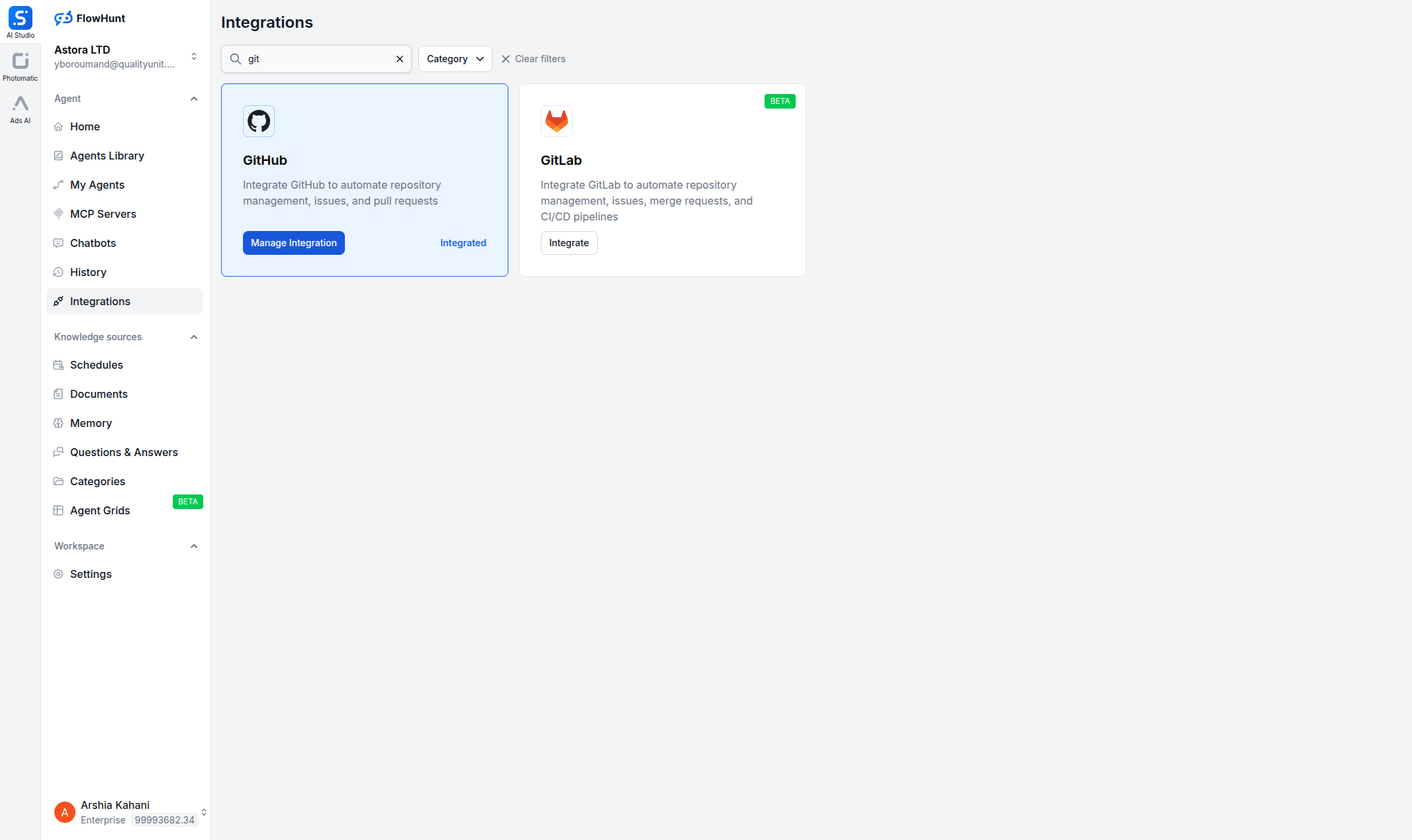 FlowHunt integrations page showing GitHub