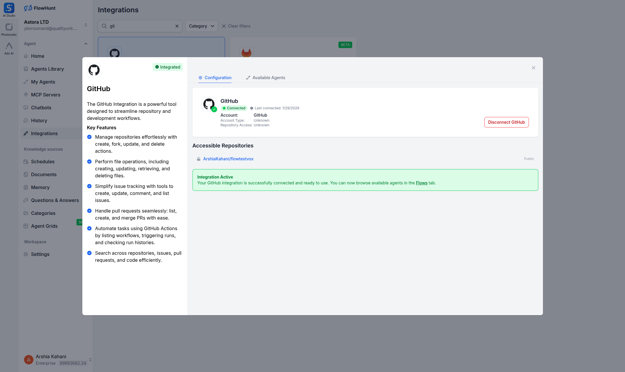 FlowHunt GitHub integration connect dialog