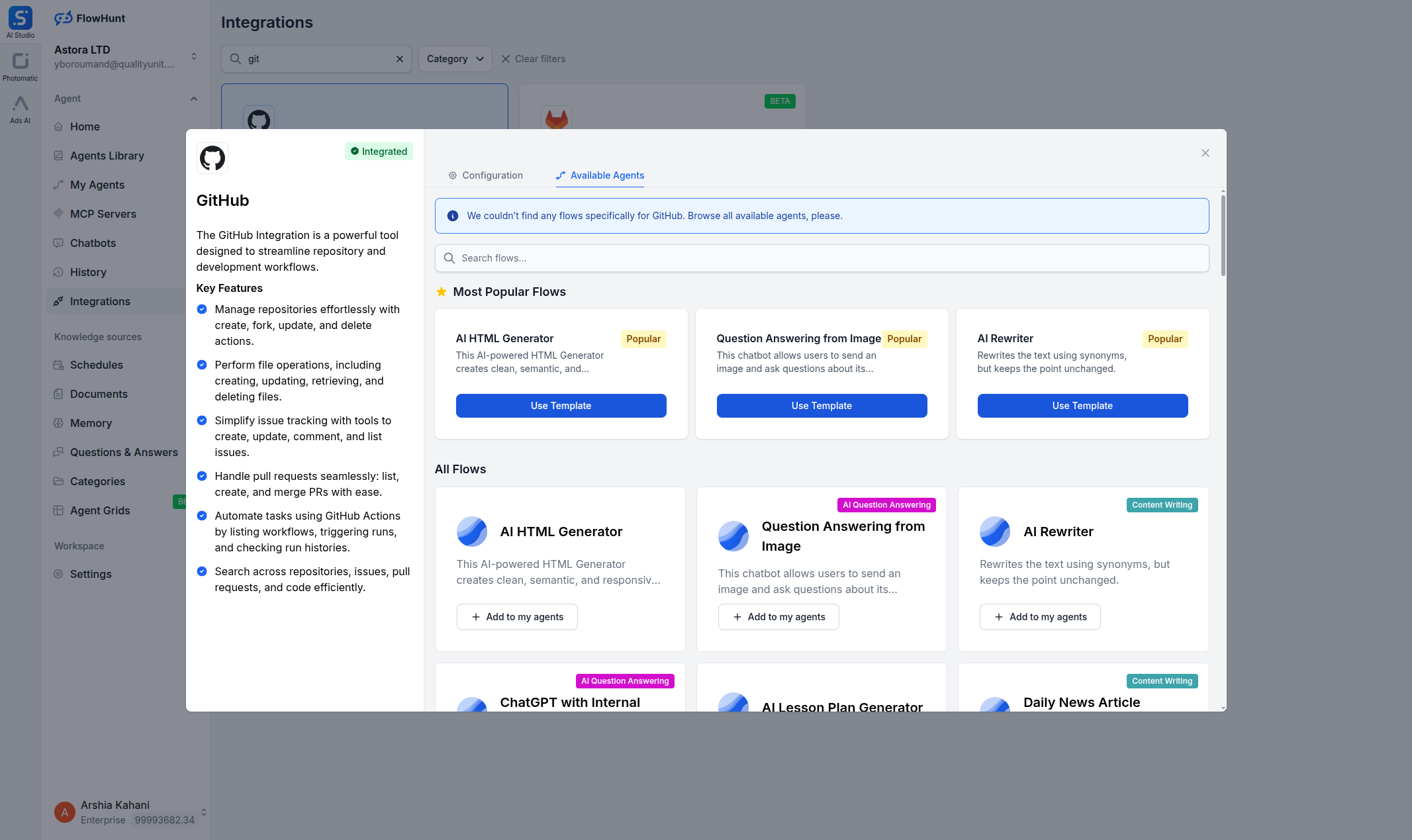 FlowHunt GitHub integration available agents tab