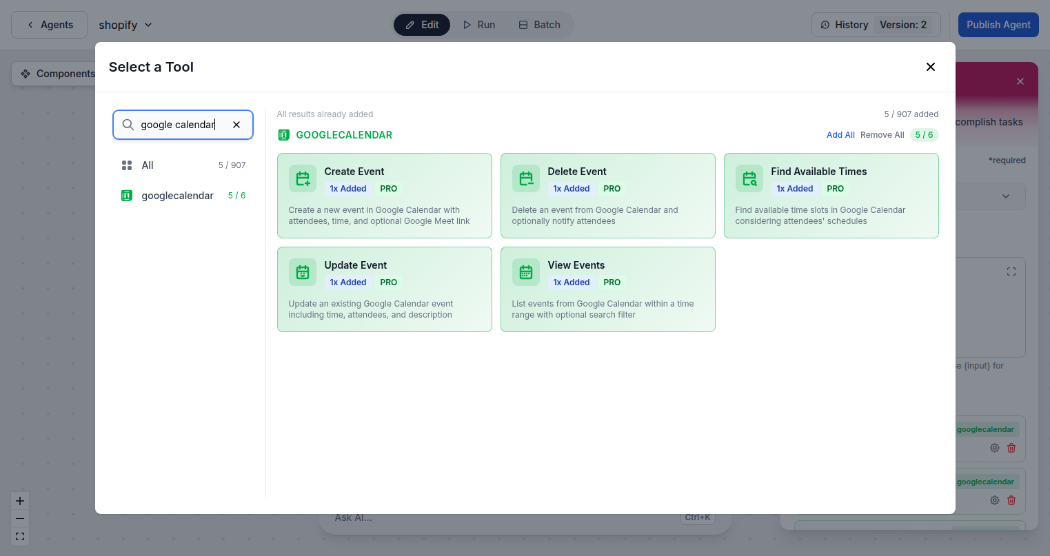 Google Calendar tool components in FlowHunt