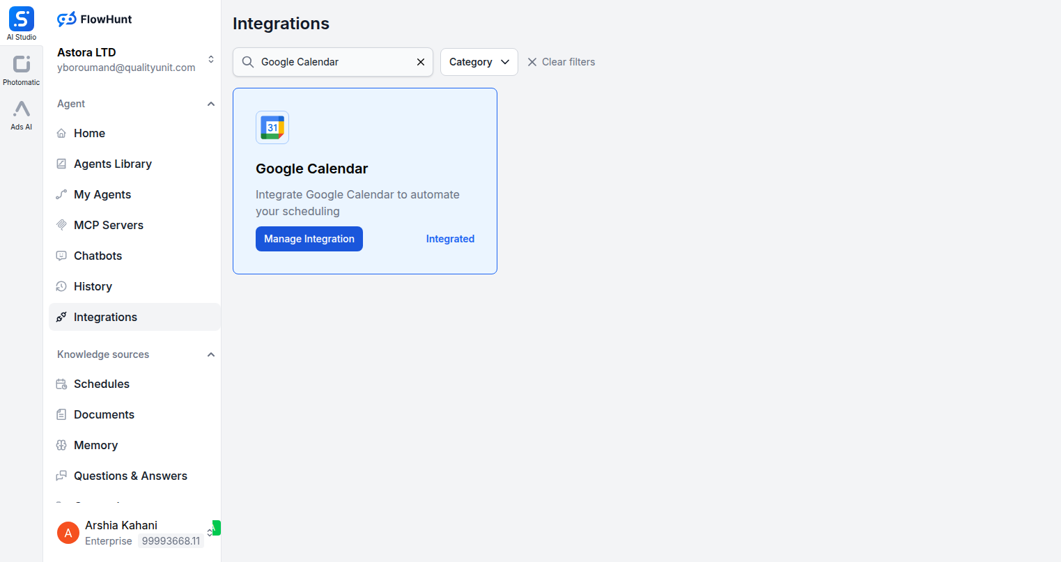 FlowHunt integrations page showing Google Calendar